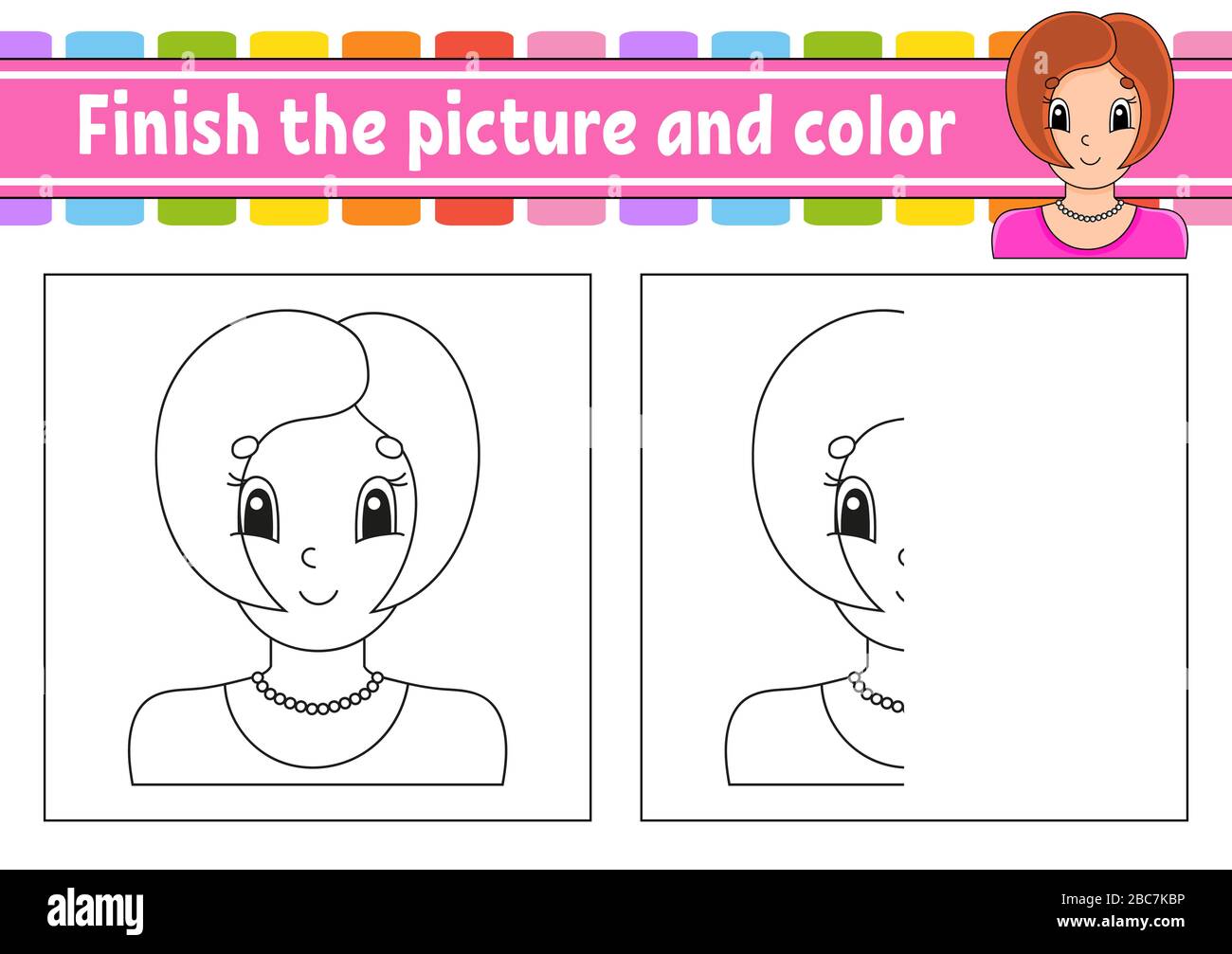Terminare l'immagine e il colore. Personaggio cartoon isolato su sfondo bianco. Per l'educazione dei bambini. Foglio di lavoro attività. Illustrazione Vettoriale