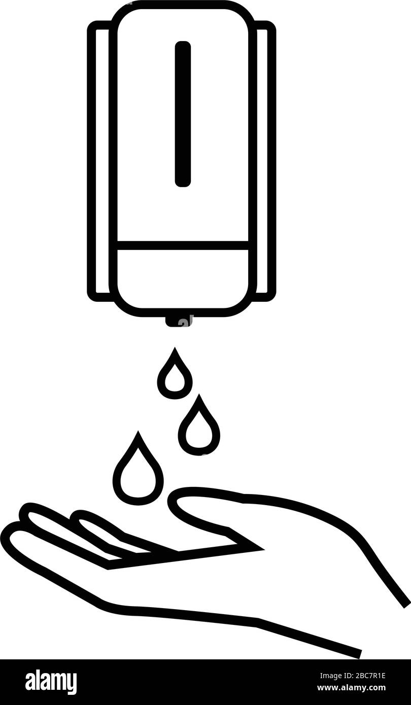 Lavando la mano con l'icona della linea di sapone flacone antisettico, icona di pulizia icone igiene Illustrazione Vettoriale