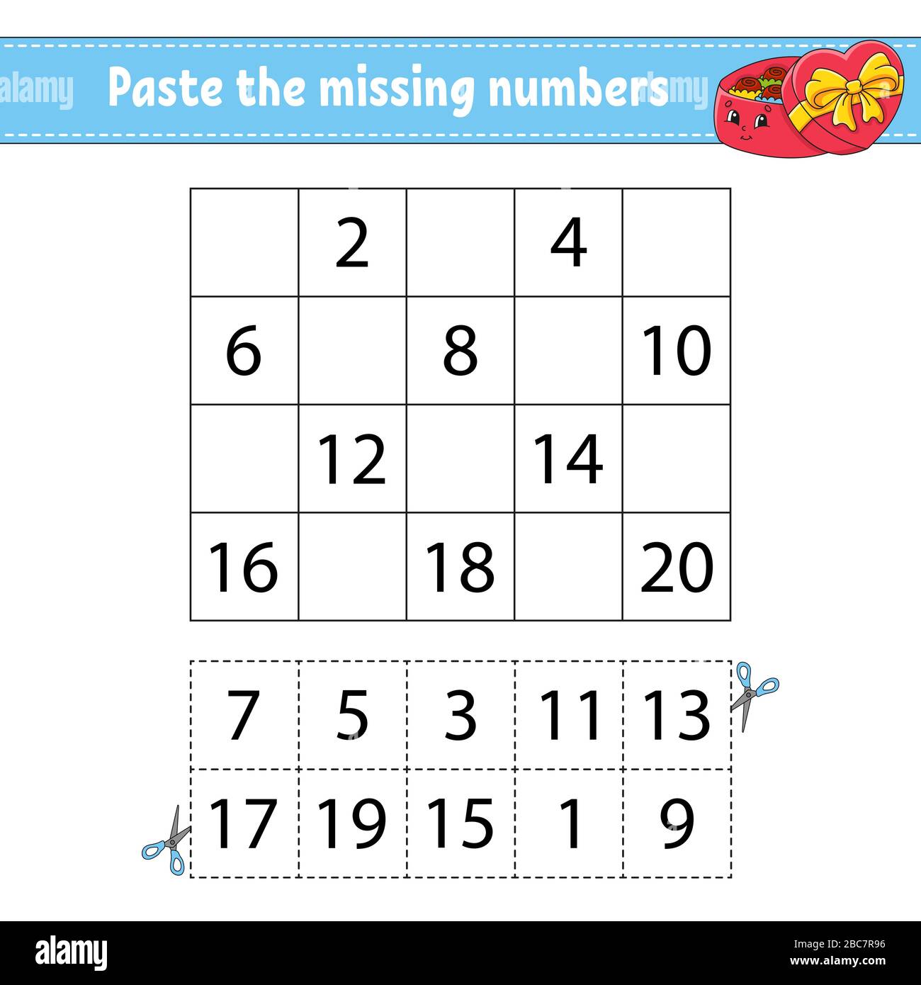 Incollare i numeri mancanti 1-20. Gioco per bambini. Pratica di scrittura a mano. Numeri di apprendimento per i bambini. Foglio di lavoro per lo sviluppo dell'istruzione. Pagina attività. ISO Illustrazione Vettoriale