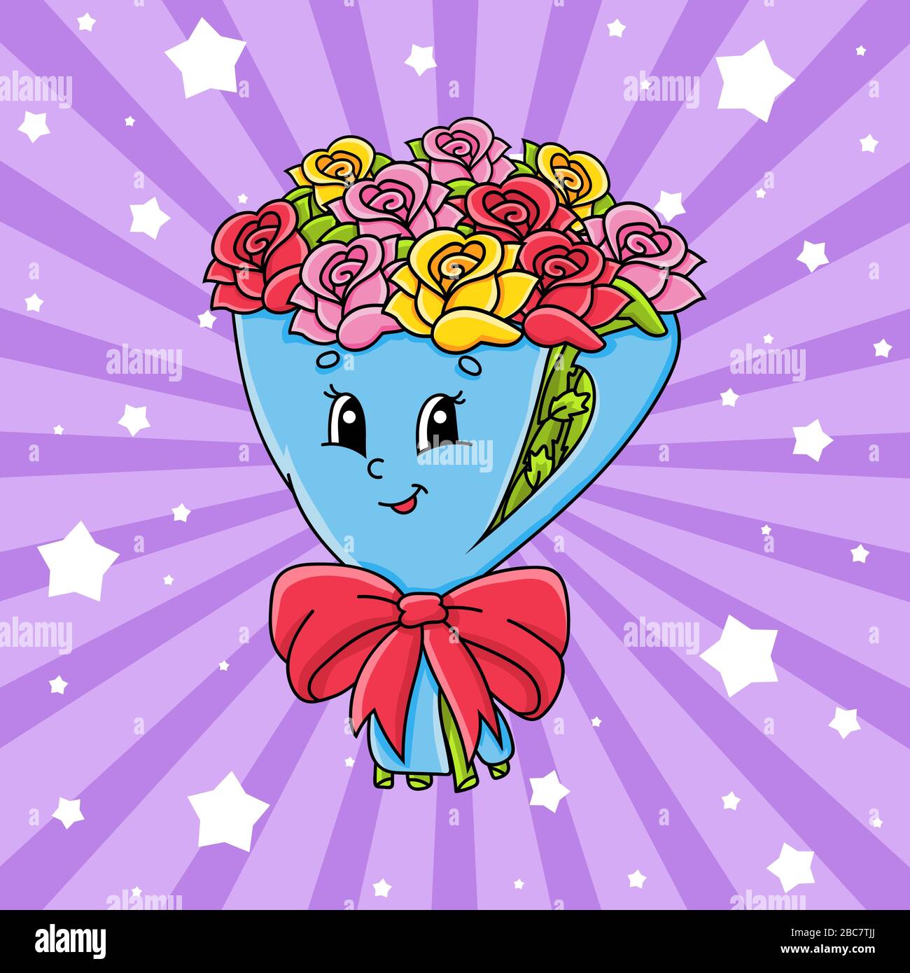 Bouquet di rose fiori su carta da imballaggio con prua. Carino personaggio cartone animato. Immagine vettoriale colorata. Isolato su sfondo a colori. Modello per Illustrazione Vettoriale