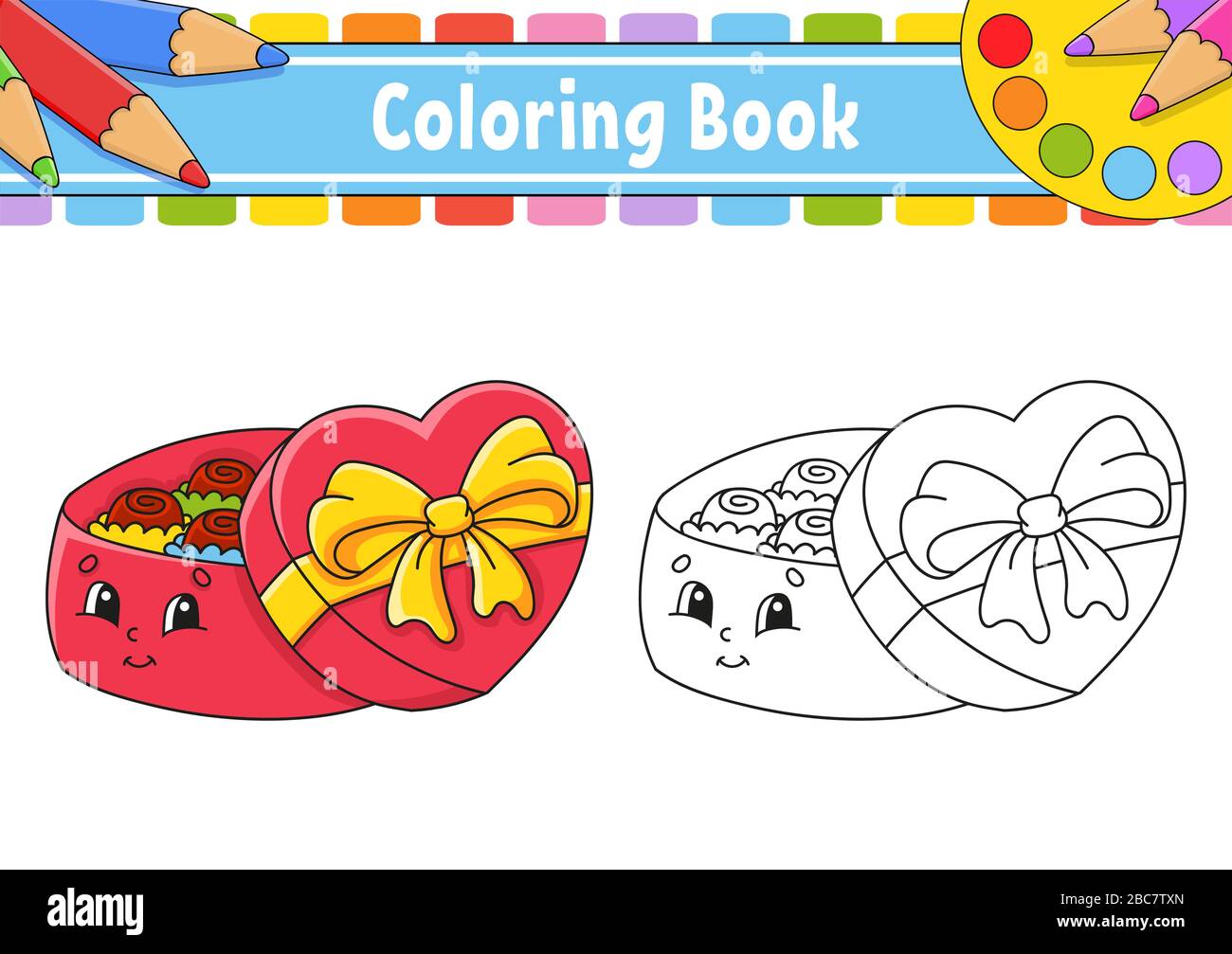 Libro da colorare per bambini. Apri una scatola regalo con cioccolatini. Personaggio dei cartoni animati. Illustrazione del vettore. Profilo nero. Isolato su sfondo bianco. Illustrazione Vettoriale