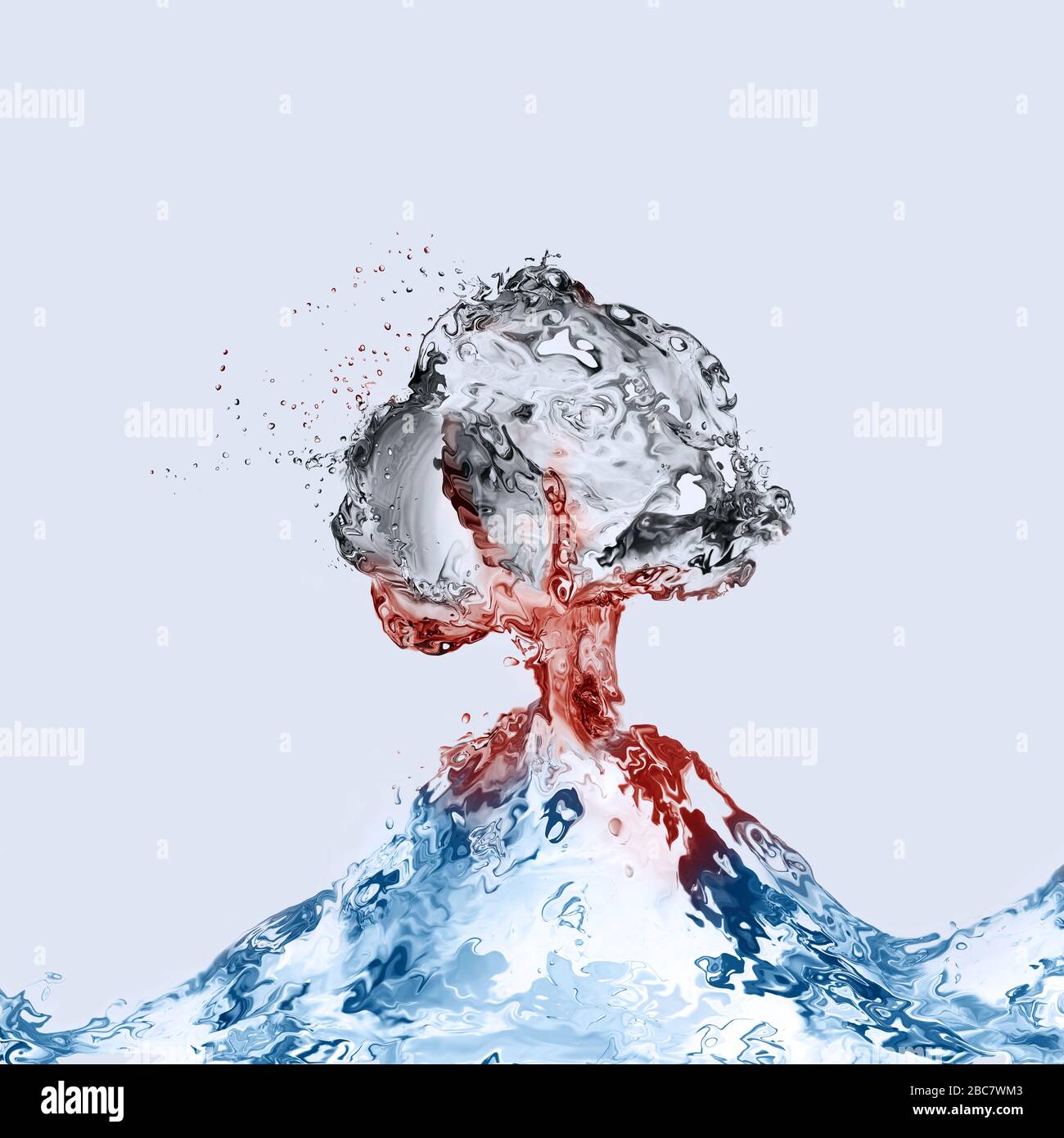 Un vulcano fatto di acqua eruttante con una nuvola di gas scuro sopra e magma rosso che scorre. Foto Stock