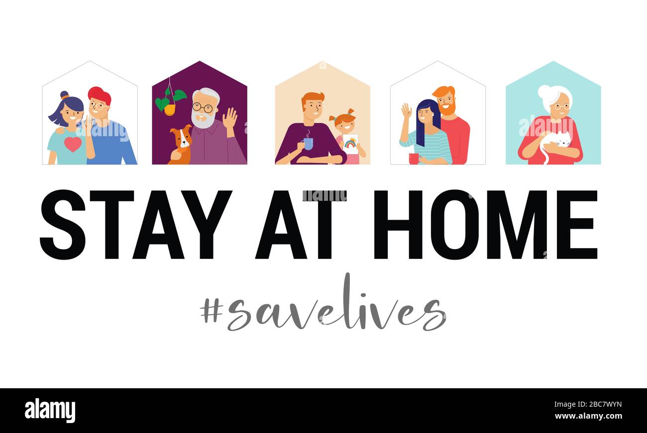 Restate a casa, design concettuale. Diversi tipi di persone, famiglia, vicini nelle loro case. Autoisolamento, quarantena durante il coronavirus Illustrazione Vettoriale