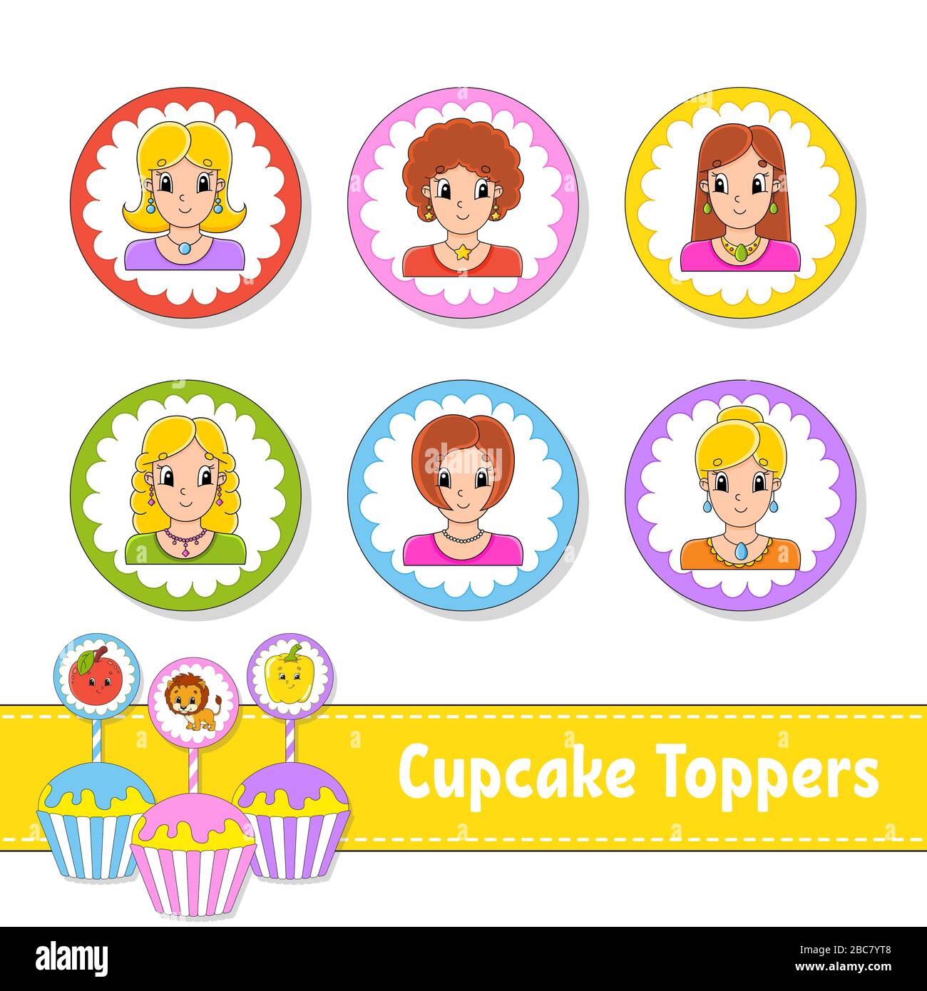 Cupcake toppers. Set di sei immagini rotonde. Belle ragazze sorridenti. Personaggi dei cartoni animati. Immagine carina. Per il birhday, festa, baby doccia. Illustrazione Vettoriale
