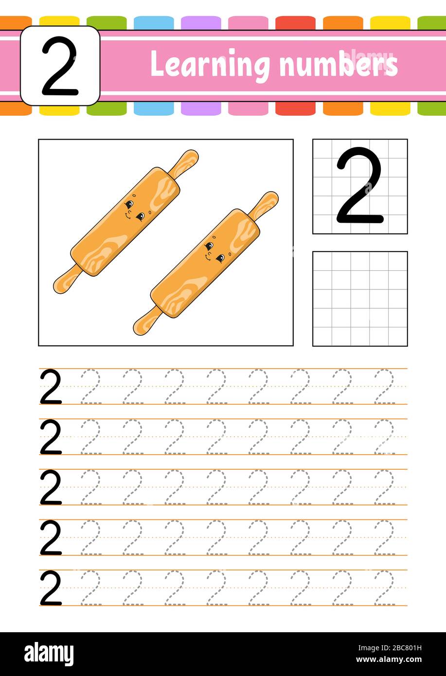 Numero 2. Traccia e scrittura. Pratica di scrittura a mano. Numeri di apprendimento per i bambini. Foglio di lavoro per lo sviluppo dell'istruzione. Pagina attività. Illustrazione del vettore isolato Illustrazione Vettoriale