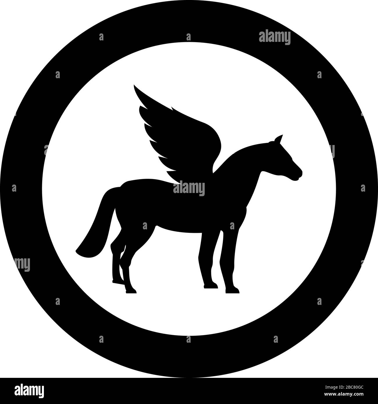 Pegasus silhouette di cavallo alato mitica creatura favolosa icona animale in cerchio rotondo nero colore vettore illustrazione piatto stile semplice immagine Illustrazione Vettoriale