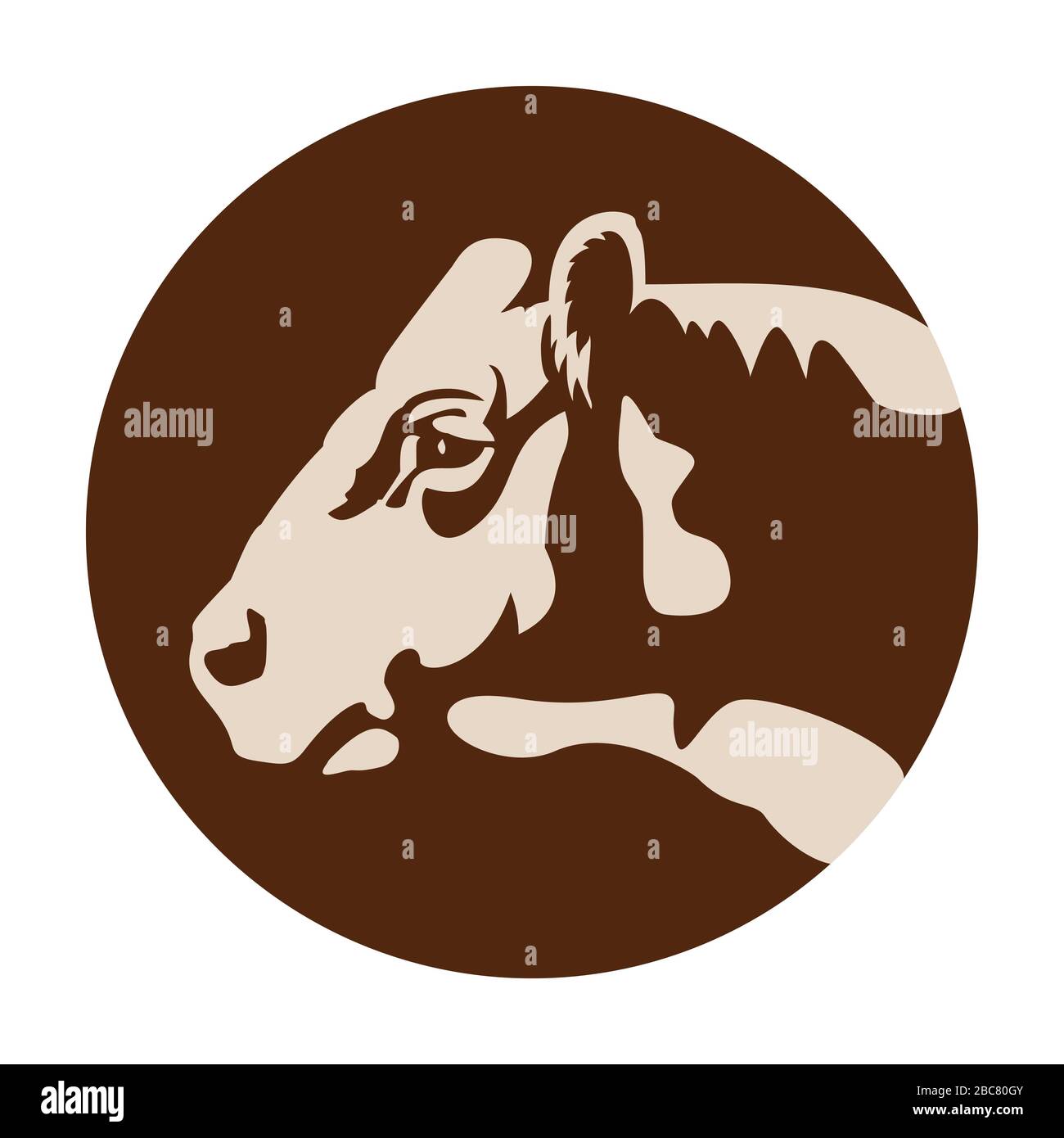 Logo o icona della testa della mucca, animale domestico della fattoria come segno di cibo fresco naturale rurale o sano. Striscione di manzo o bistecca, macelleria, tema di nutrizione biologica. Illustrazione Vettoriale