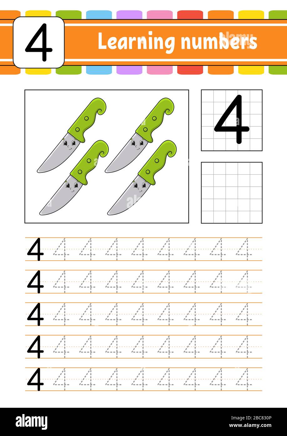 Numero 4. Traccia e scrittura. Pratica di scrittura a mano. Numeri di apprendimento per i bambini. Foglio di lavoro per lo sviluppo dell'istruzione. Pagina attività. Illustrazione del vettore isolato Illustrazione Vettoriale