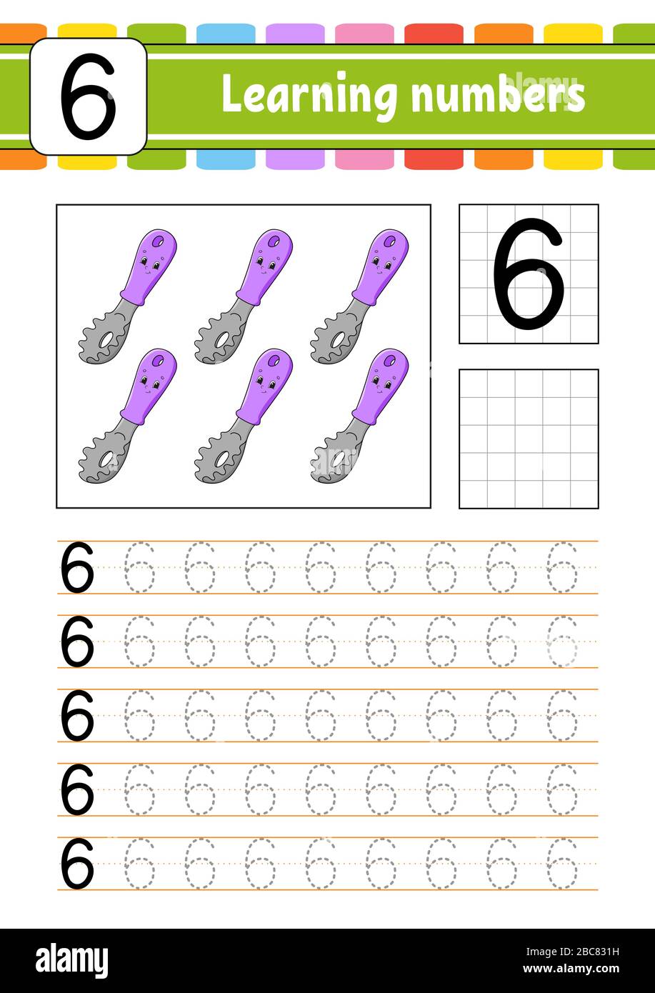 Numero 6. Traccia e scrittura. Pratica di scrittura a mano. Numeri di apprendimento per i bambini. Foglio di lavoro per lo sviluppo dell'istruzione. Pagina attività. Illustrazione del vettore isolato Illustrazione Vettoriale