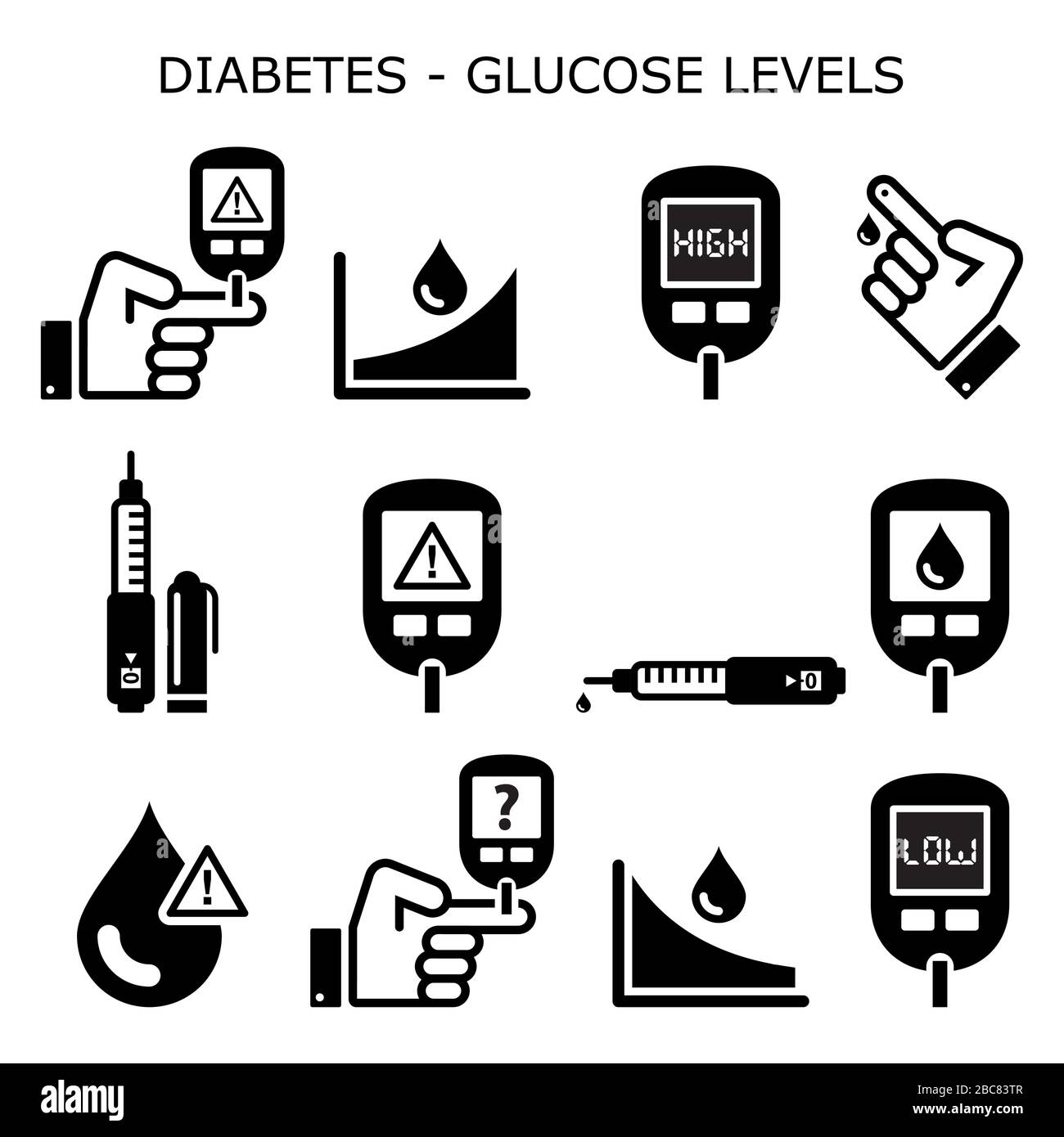 Diabete, diabetico salute vettore icone set - zucchero alto e basso, livelli di glucosio - ipoglicemia, progettazione iperglicemia Illustrazione Vettoriale
