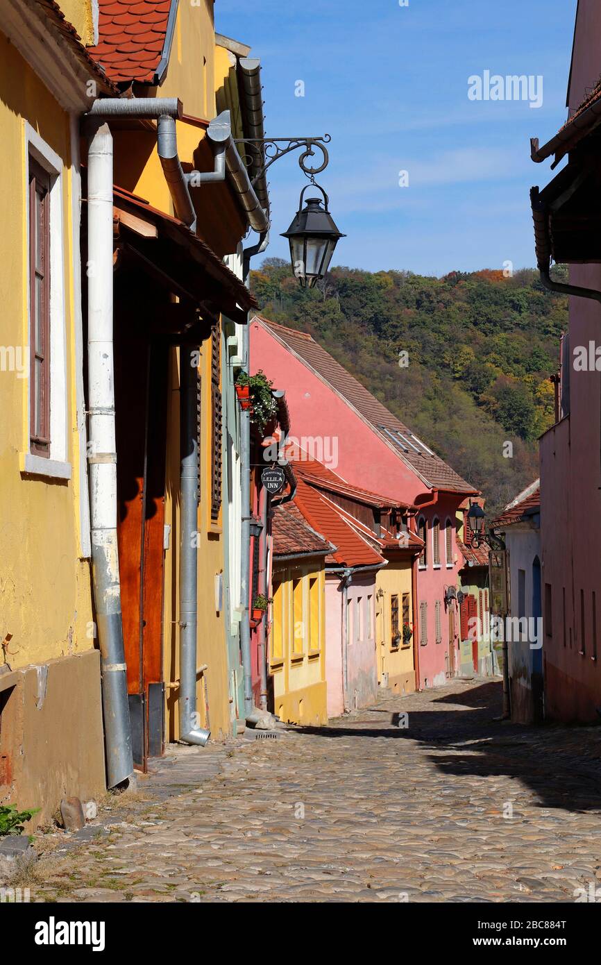 Via nel centro storico di Sighisoara, Transilvania, Romania Foto Stock