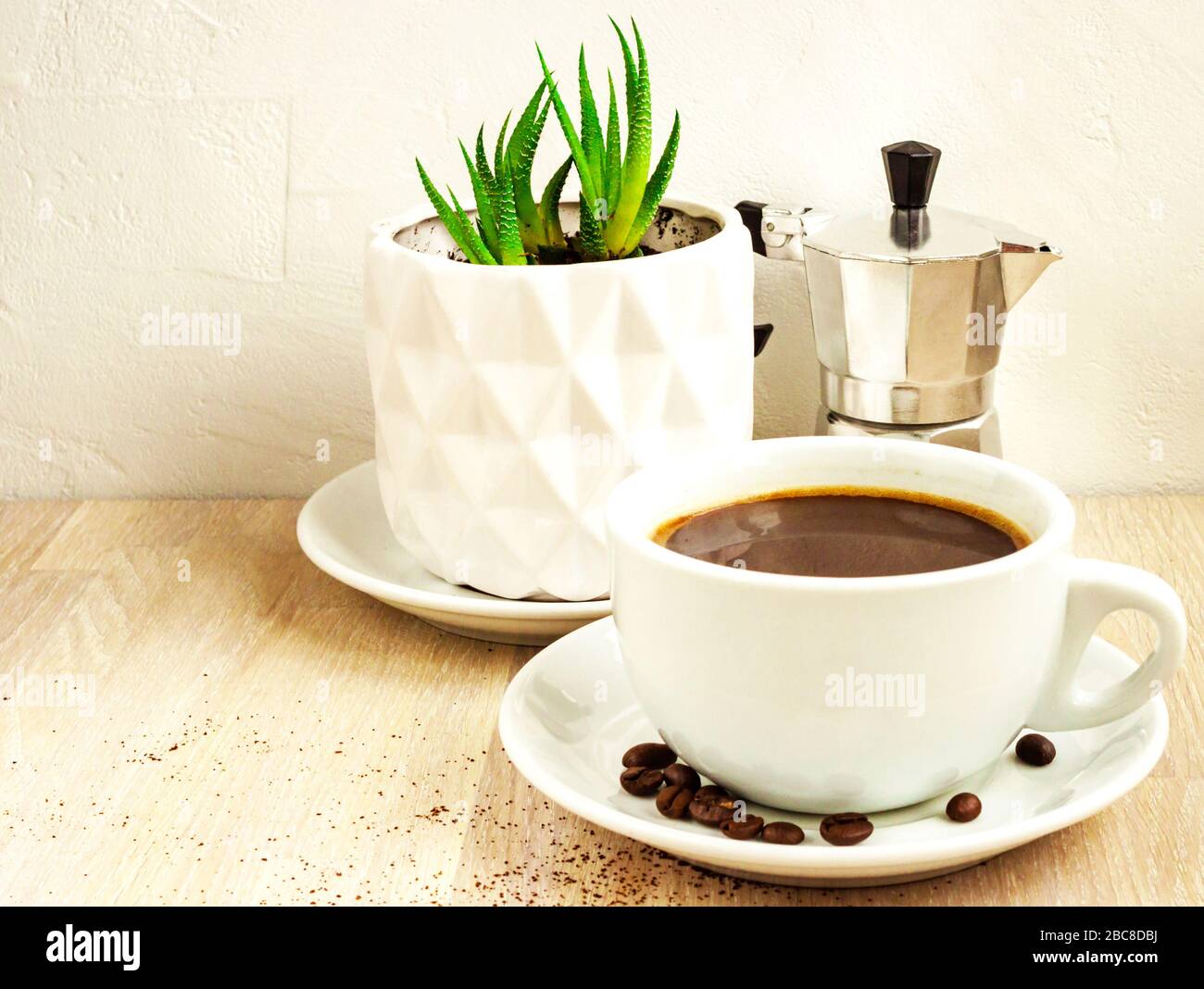 Tazza di caffè, piattino e chicchi, macchina da caffè in alluminio, pianta verde succulenta in pentola Foto Stock