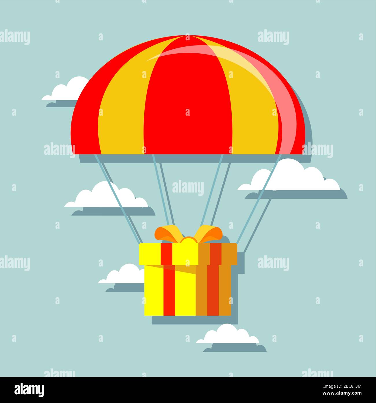 Design piatto. Illustrazione Vettoriale. Servizio di consegna a domicilio. Parachute con pacco dono del cielo. Illustrazione Vettoriale