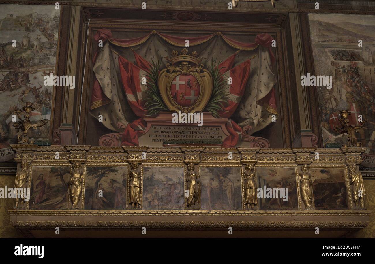 Palazzo del Gran Maestro. secoli 16th-18th. Residenza del Gran Maestro dell'Ordine di San Giovanni. Particolare degli affreschi della Sala del Consiglio Supremo di Matteo Perez de Aleccio (1547-1628) raffigurante il Grande Assedio di Malta da parte dell'Impero Ottomano nel 1565. La Valletta. Malta. Foto Stock