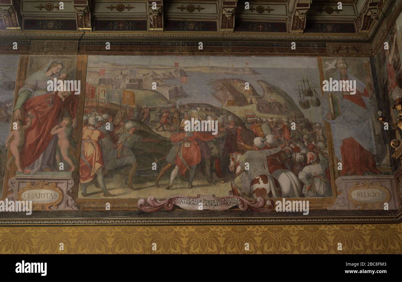 Palazzo del Gran Maestro, 16th-18th secoli. Residenza del Gran Maestro dell'Ordine di San Giovanni. Affresco che decora le mura della Sala del Consiglio Supremo di Matteo Perez de Aleccio (1547-1628). Raffigura il Grande Assedio di Malta da parte dell'Impero Ottomano nel 1565. Assedio dei Turchi nel luglio 1565 prima della resistenza delle batterie delle armi delle truppe spagnole. La Valletta. Malta. Foto Stock