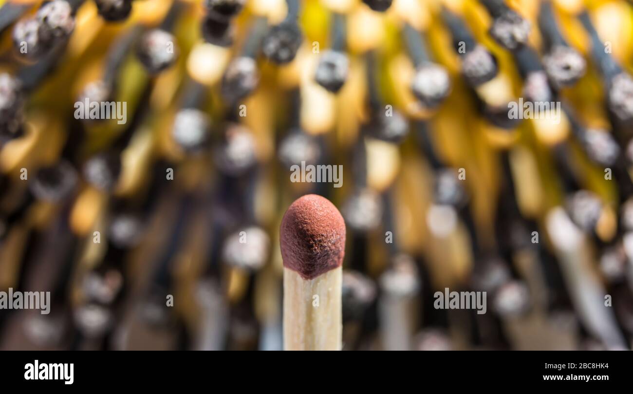 Rimani a casa, fermare l'epidemia di Coronavirus, mantenere la distanza sociale nel coprifuoco. Concetto: Effetto domino Matchstick, COVID-19 e sano. Foto Stock