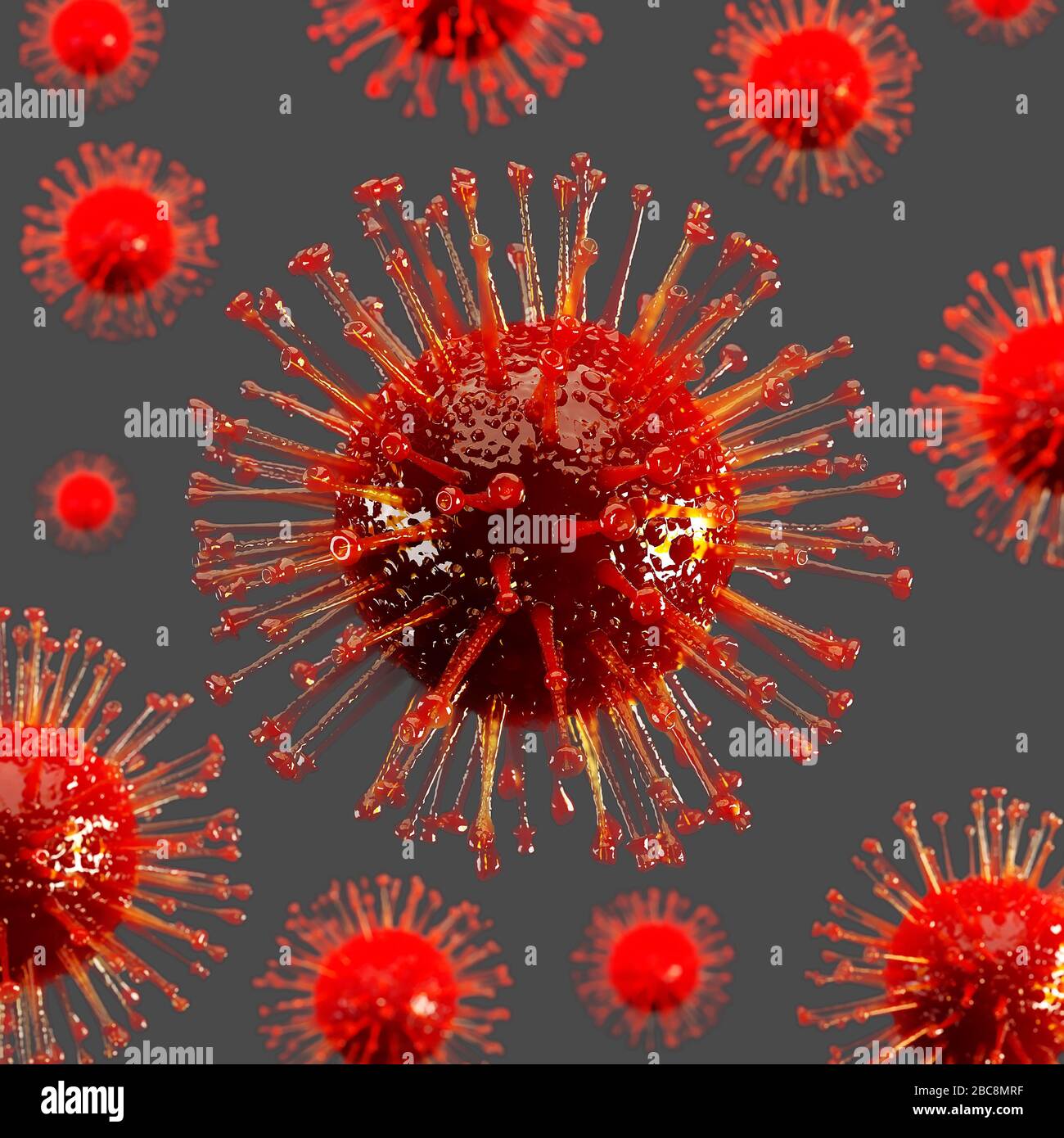 Virus covid rosso 19 al centro in nitidezza, mentre altri con l'effetto di profondità su sfondo grigio. Rendering 3D Foto Stock
