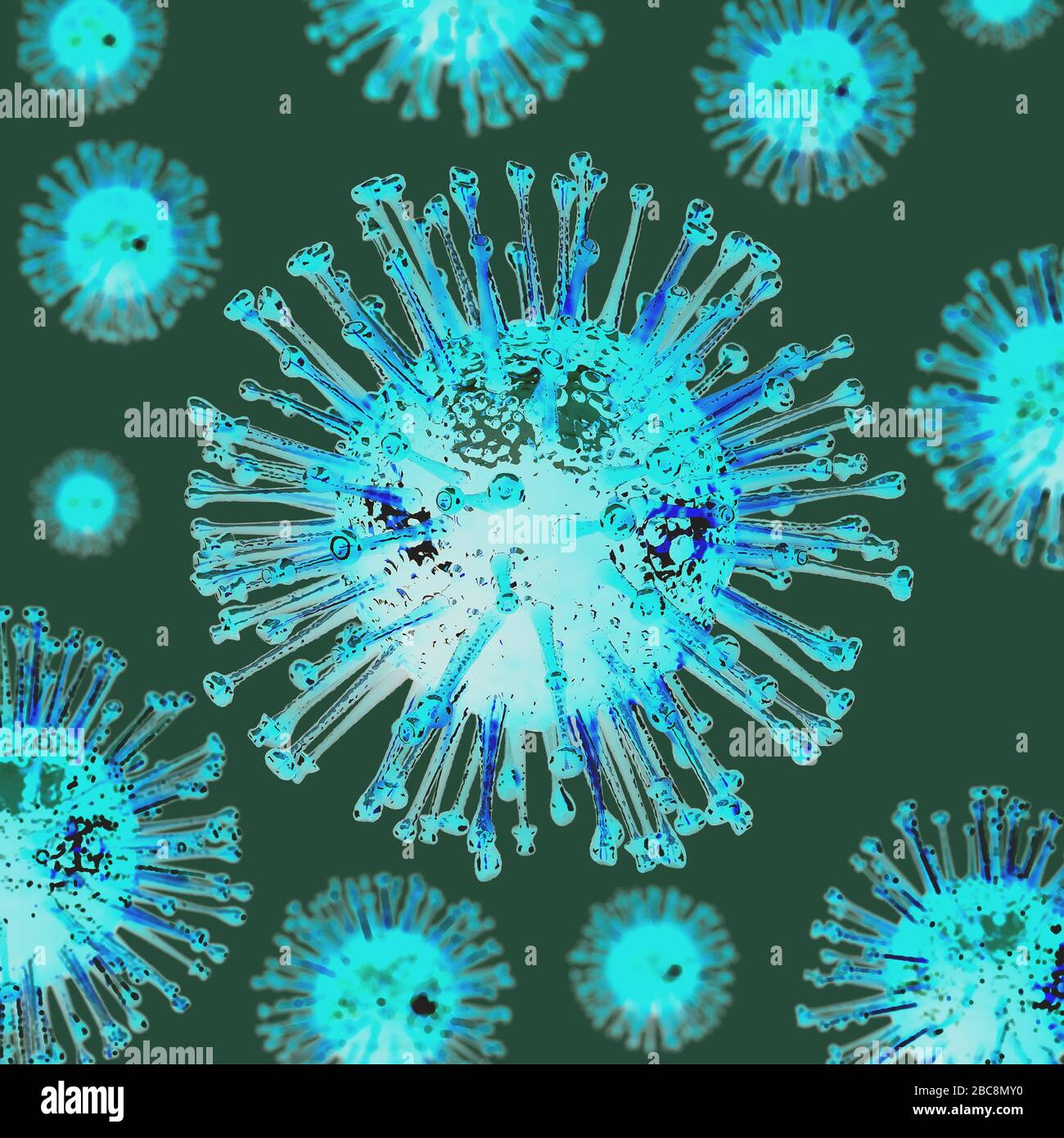 Covid virus 19 al centro in nitidezza, mentre altri con l'effetto di profondità su sfondo verde con effetto artistico colore. Rendering 3D Foto Stock