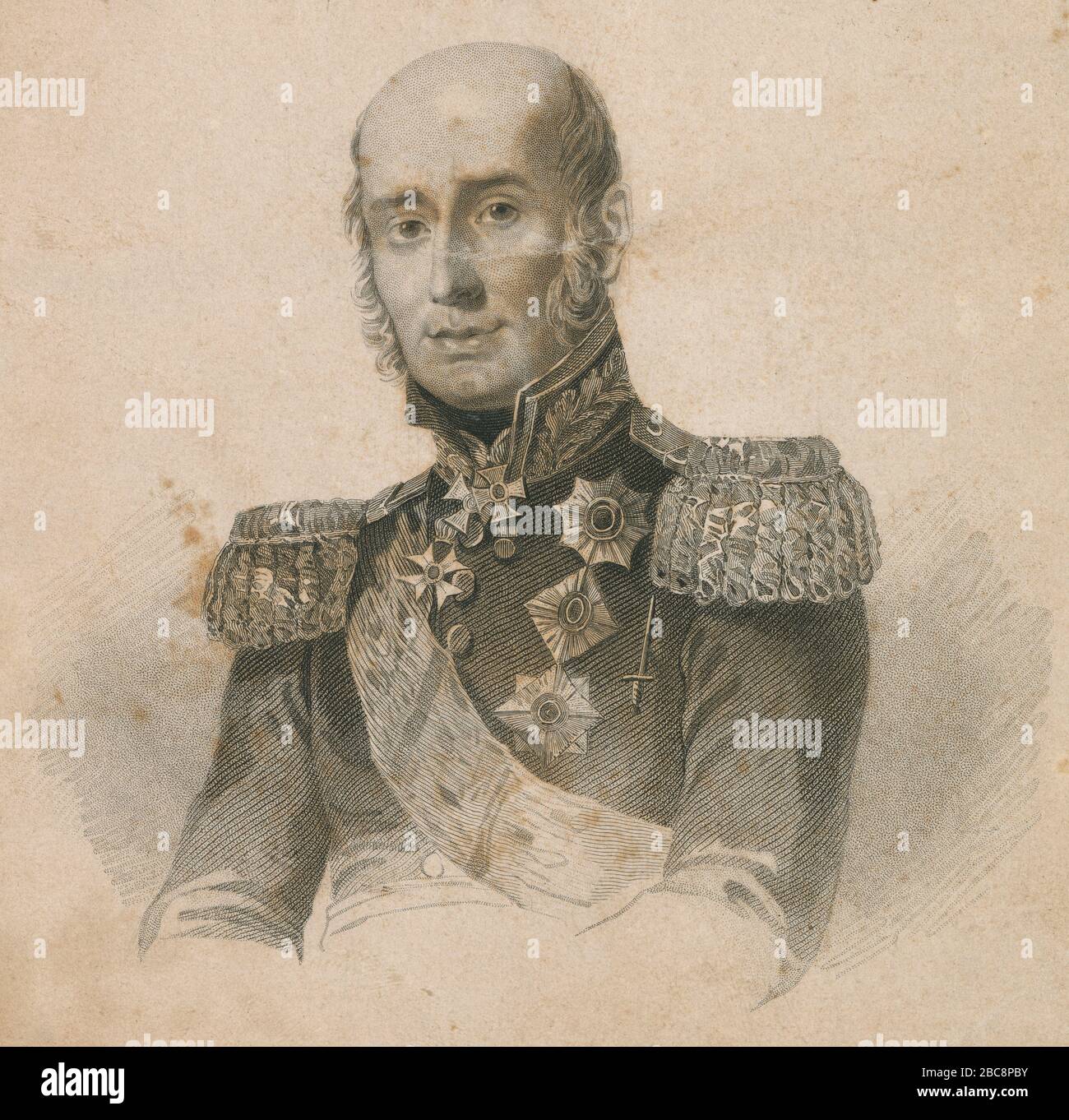 Incisione antica, Michael Andreas Barclay de Tolly. Il principe Michael Andreas Barclay de Tolly (1761-1818) era un maresciallo tedesco del Baltico e ministro della guerra dell'Impero russo durante l'invasione di Napoleone nel 1812 e la guerra della Sesta coalizione. FONTE: INCISIONE ORIGINALE Foto Stock