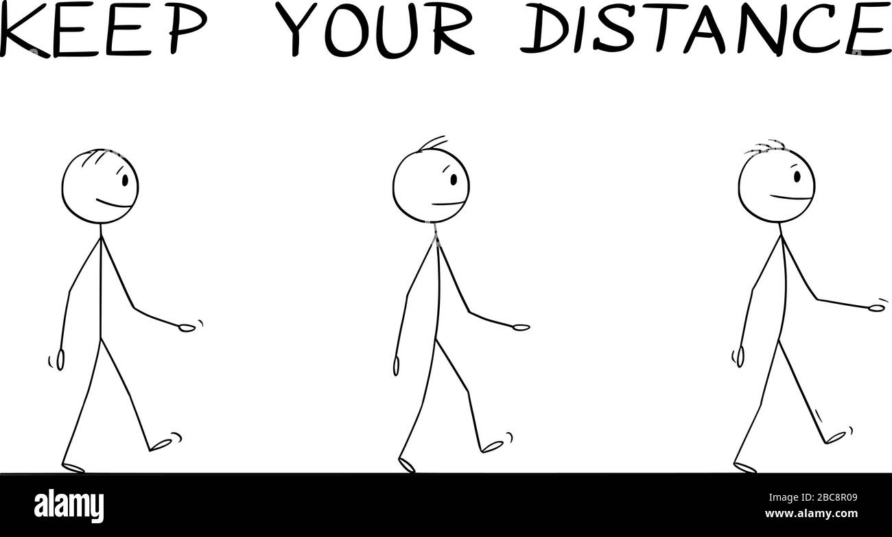 Cartoni animati vettoriali bastone figura disegno illustrazione istruttiva come camminare sulla strada durante coronavirus COVID-19 epidemia. Mantieni il testo della distanza. Illustrazione Vettoriale