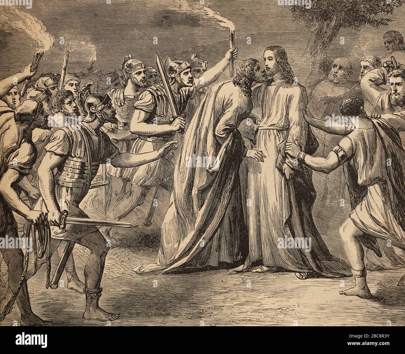 L'arresto di Gesù nel Giardino del Getsemani. Bacio di Giuda. Incisione. Sacra Bibbia, 19th secolo. Foto Stock