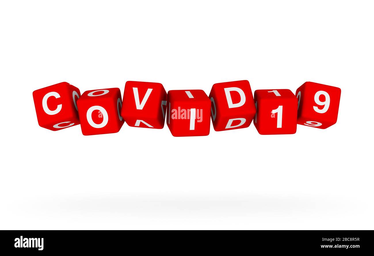 Dadi volanti con parola COVID19. Illustrazione del titolo 3D su sfondo bianco. Foto Stock