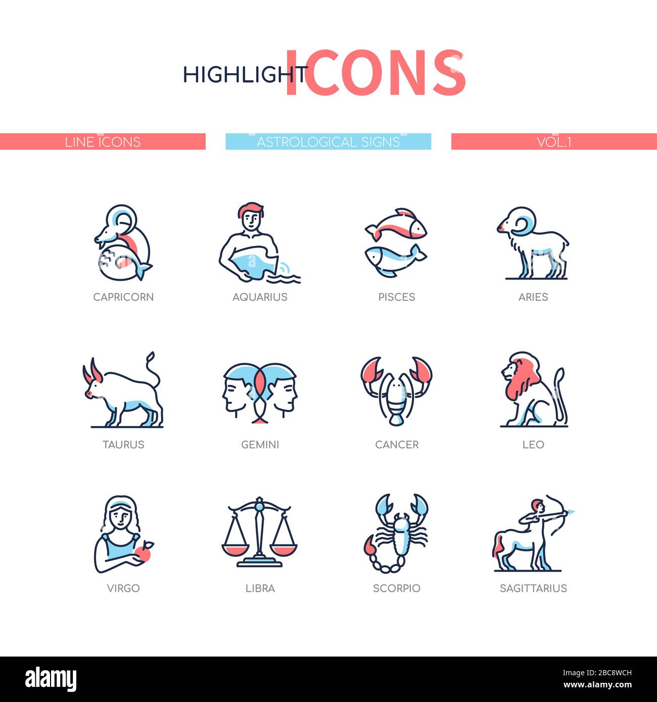 Segni zodiacali - set di icone di stile di disegno di linea Illustrazione Vettoriale