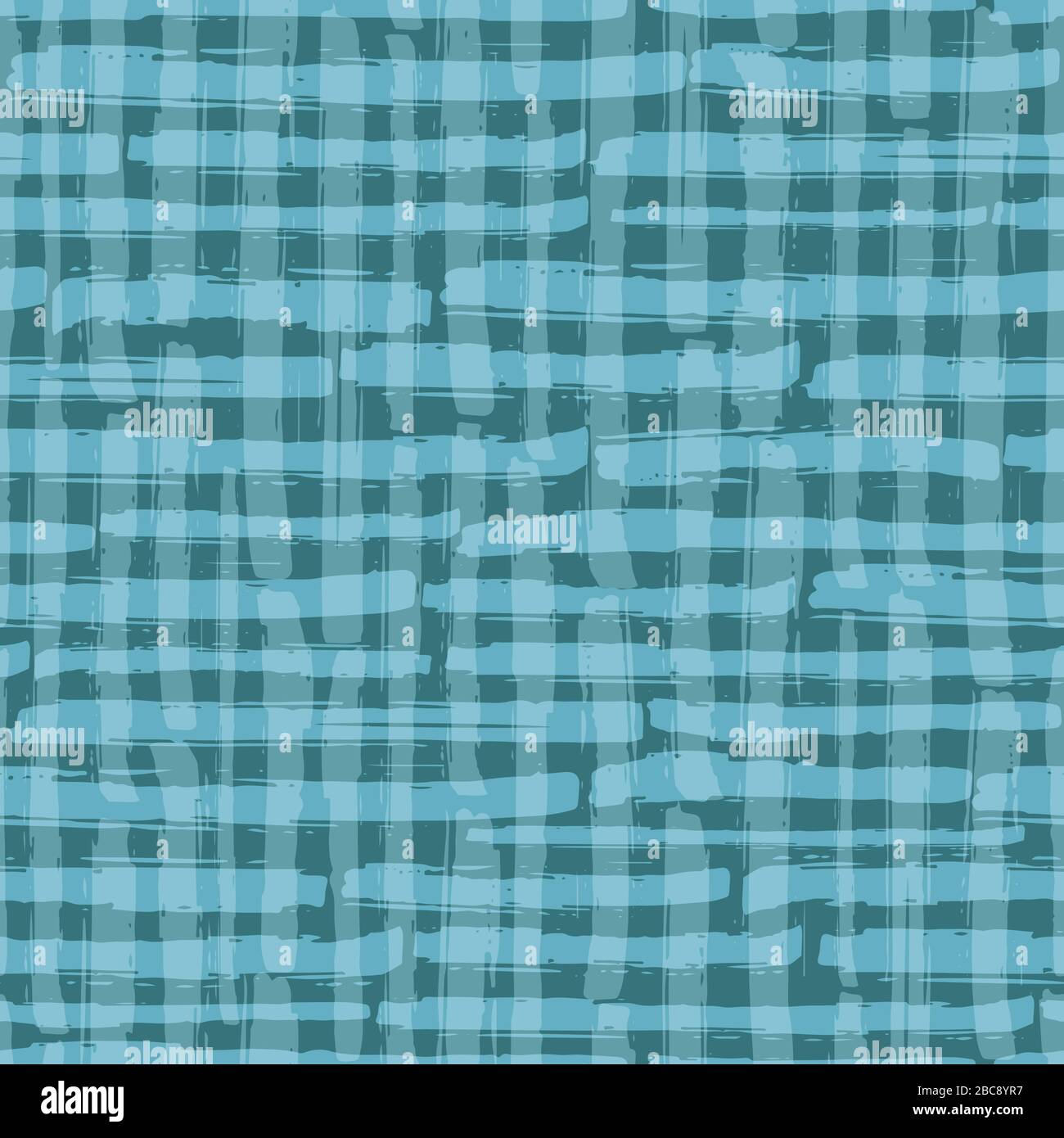 Plaid vettoriale minimalista senza cuciture sfondo modello. Sfondo effetto pennellato effetto pittorico organico. Ripeti lo stile del tessuto di gingham nei toni del blu teal Illustrazione Vettoriale