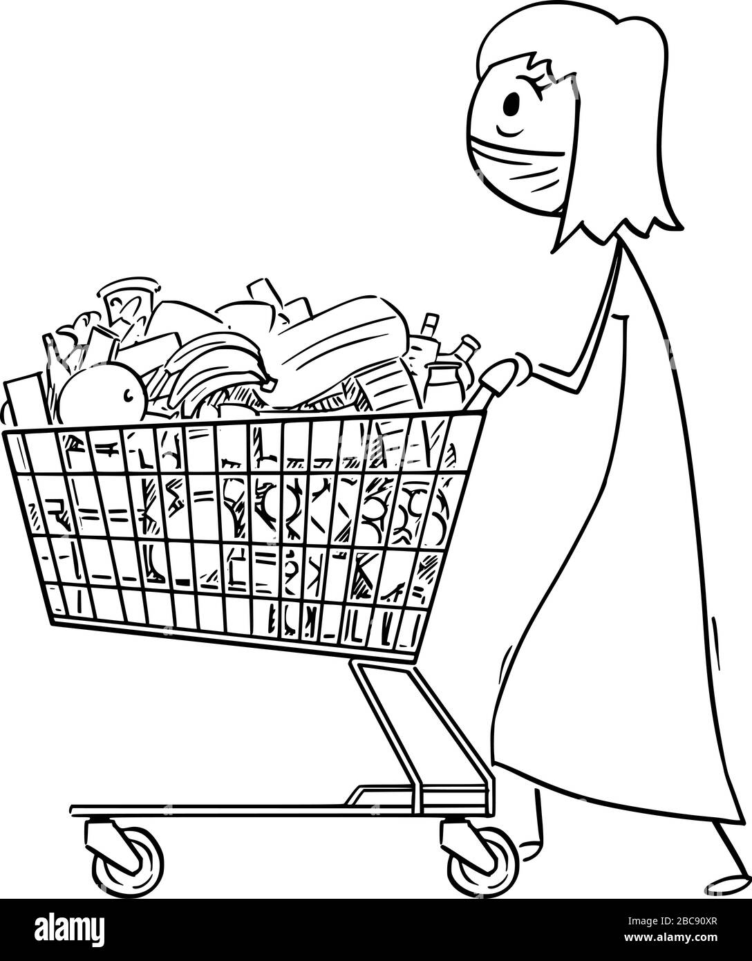 Figura del bastone del cartone animato del vettore illustrazione concettuale della donna che indossa la maschera del viso spingendo il carrello con il cibo dal negozio di alimentari o supermercato. Coronavirus COVID-19 concetto epidemico. Illustrazione Vettoriale