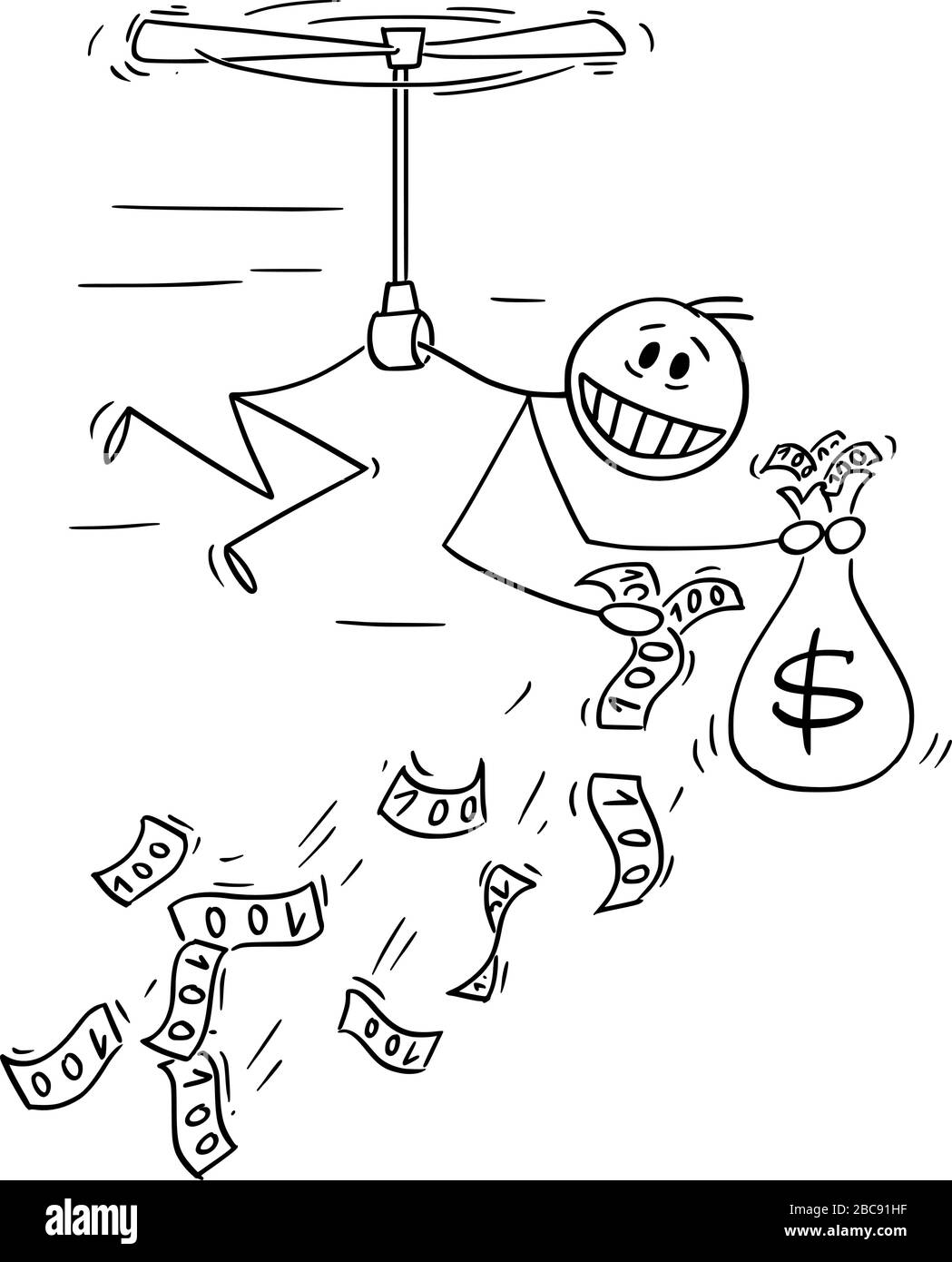 Figura del bastone del cartone animato del vettore che disegna l'illustrazione concettuale dell'uomo o dell'uomo d'affari che volano come elicottero e gettando i soldi via. Concetto di quantitative easing e recessione. Illustrazione Vettoriale