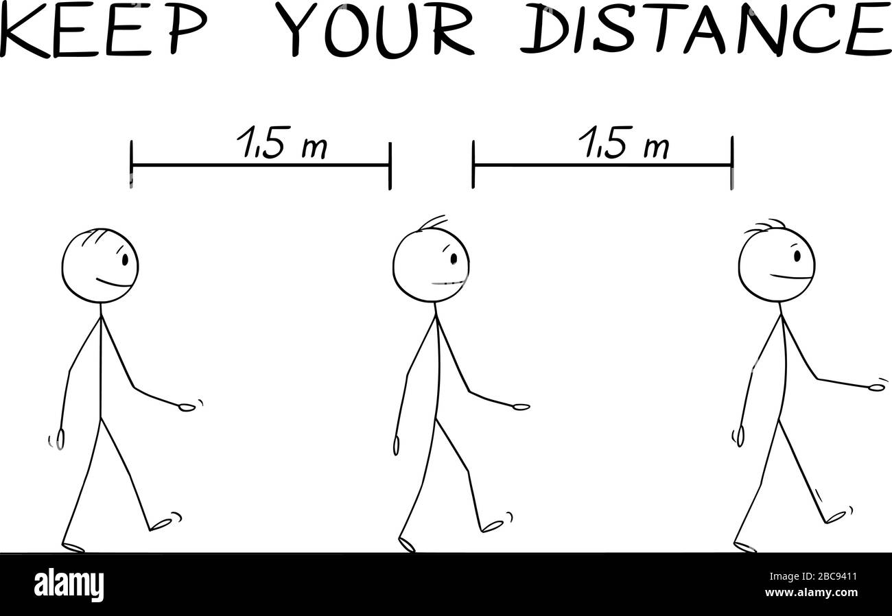 Cartoni animati vettoriali bastone figura disegno illustrazione istruttiva come camminare sulla strada durante coronavirus COVID-19 epidemia. Mantieni il testo della distanza. Illustrazione Vettoriale