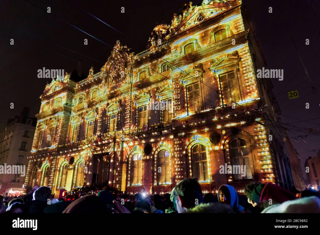 Fête des lumières a Lione di fronte al Hôtel de ville, Monumento historique, la tradizione è iniziata nel 1852 in onore della Vergine Maria, Foto Stock