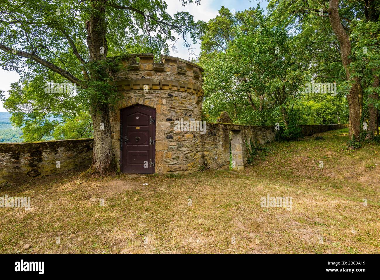 Castello di Dhaun, porta, accesso cantina, parco castello, barocco, bastione, Bering con torri difensive, istituto educativo, Hochstetten-Dhaun, Hunsrück, Foto Stock