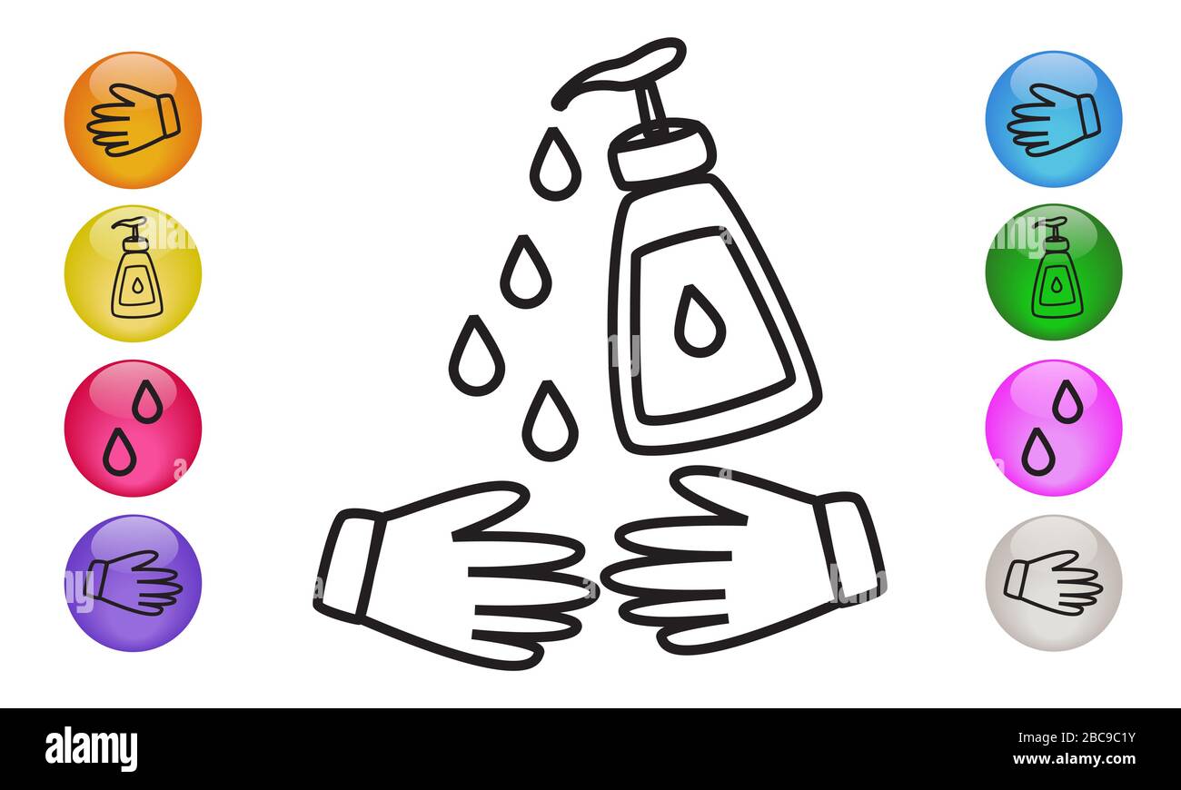 Lavaggio, disinfezione delle mani con sapone liquido. Icona del dispenser di gel igienizzante per le mani. Illustrazione vettoriale EPS 10 Foto Stock