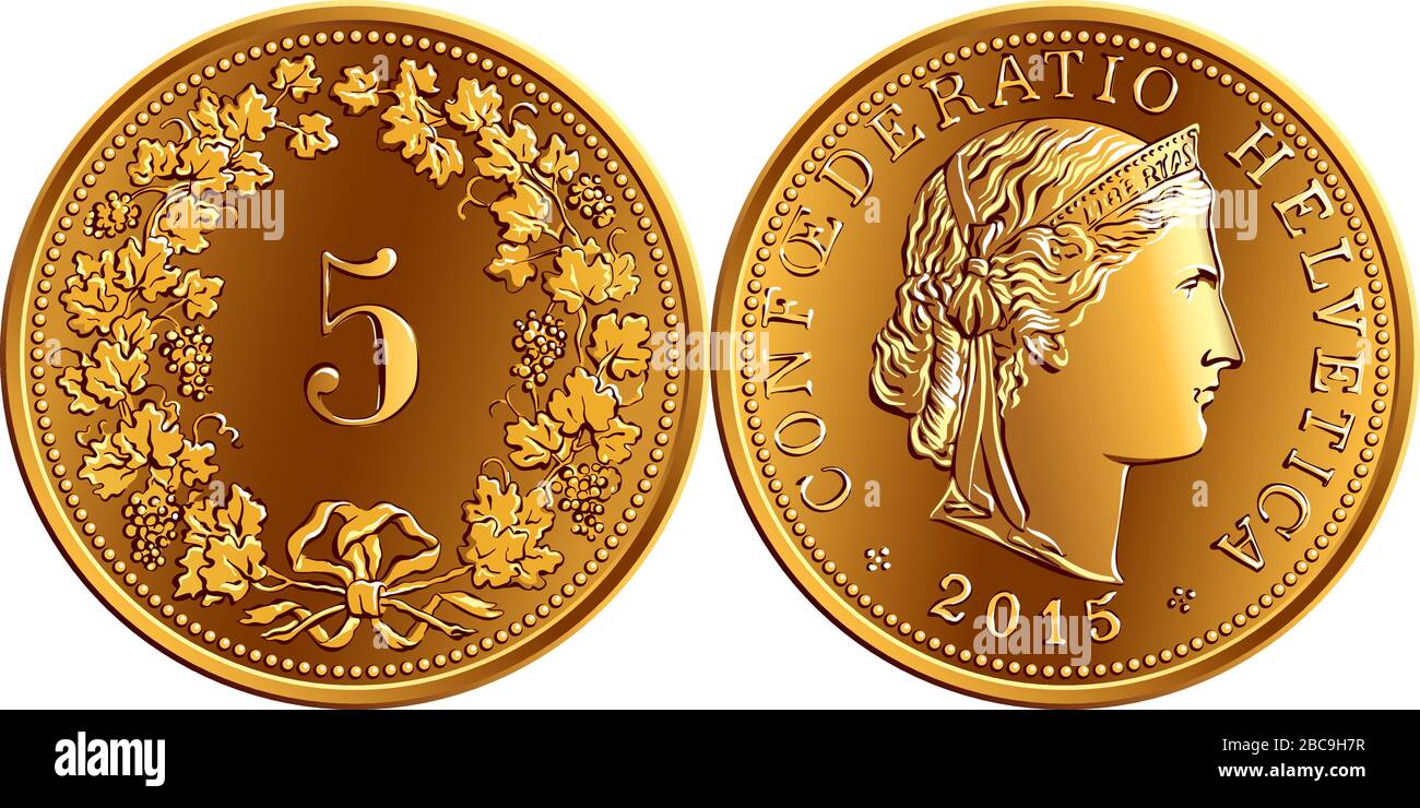 Moneta da 5 centime in franco svizzero, 5 in corona di uve al contrario, capo della libertà e CONFOEDERATIO HELVETICA in obverse, moneta ufficiale in Svizzera Illustrazione Vettoriale