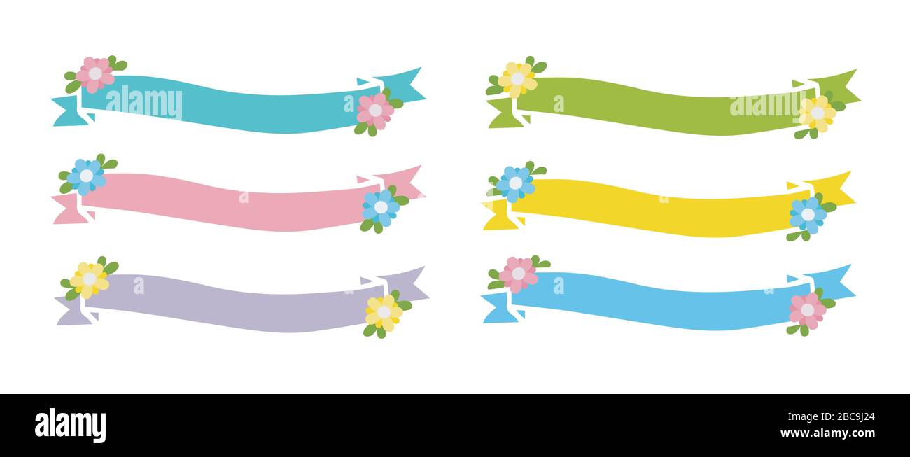 Set disegnato a mano di nastri, striscioni con fiori Illustrazione Vettoriale