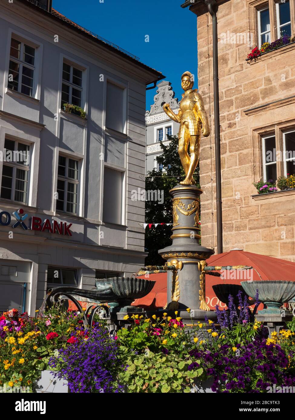 Martin-Luther-Platz, Town house, Margravio Georg Fountain, Ansbach, Middle Franconia, Franconia, Baviera, Germania Foto Stock