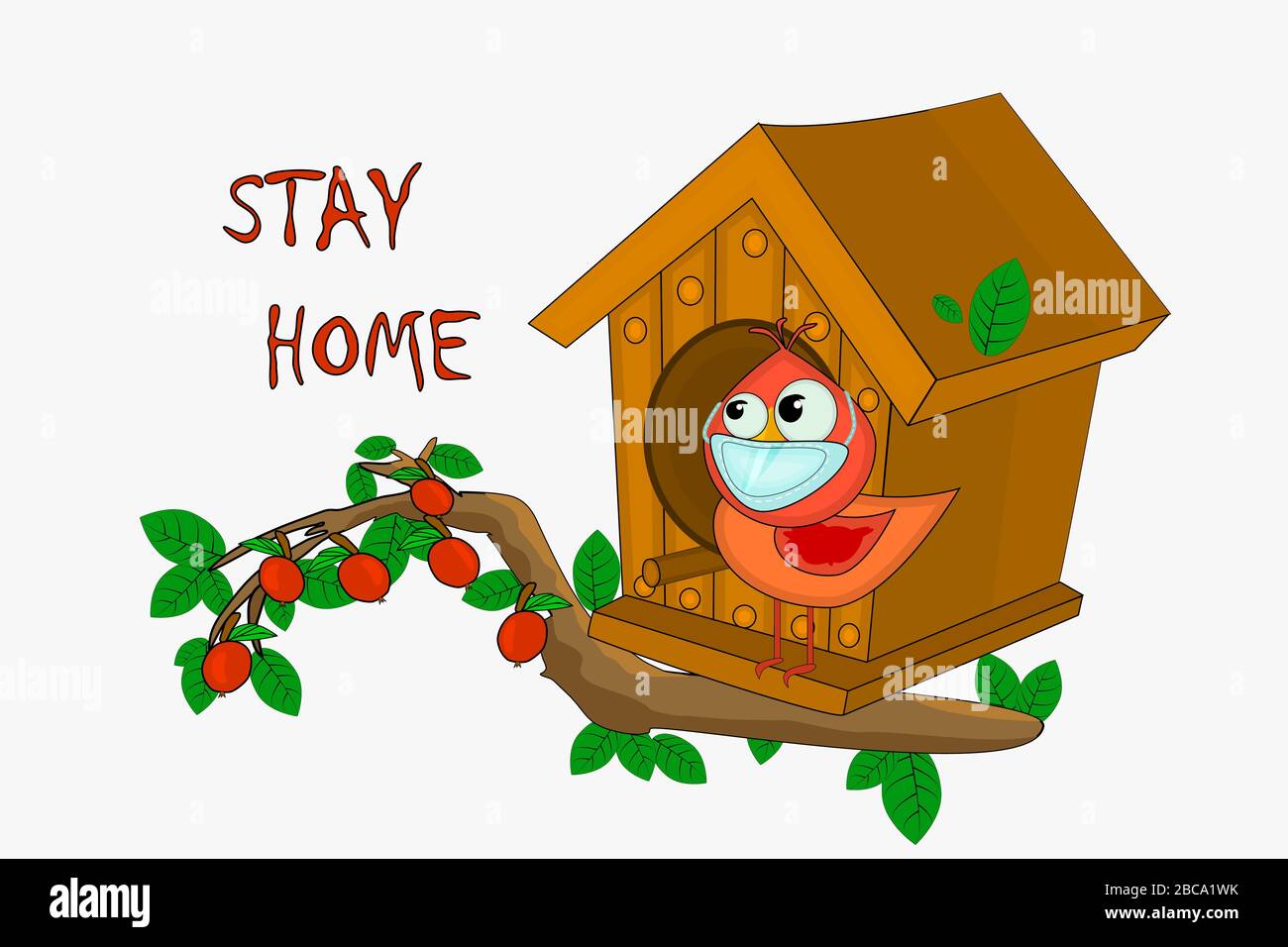 Uccello con maschera e birdhouse. Campagna di protezione o misura di prevenzione coronavirus. Resta a casa citazione text.Corona campagna virus per rimanere a casa.Vector Illustrazione Vettoriale