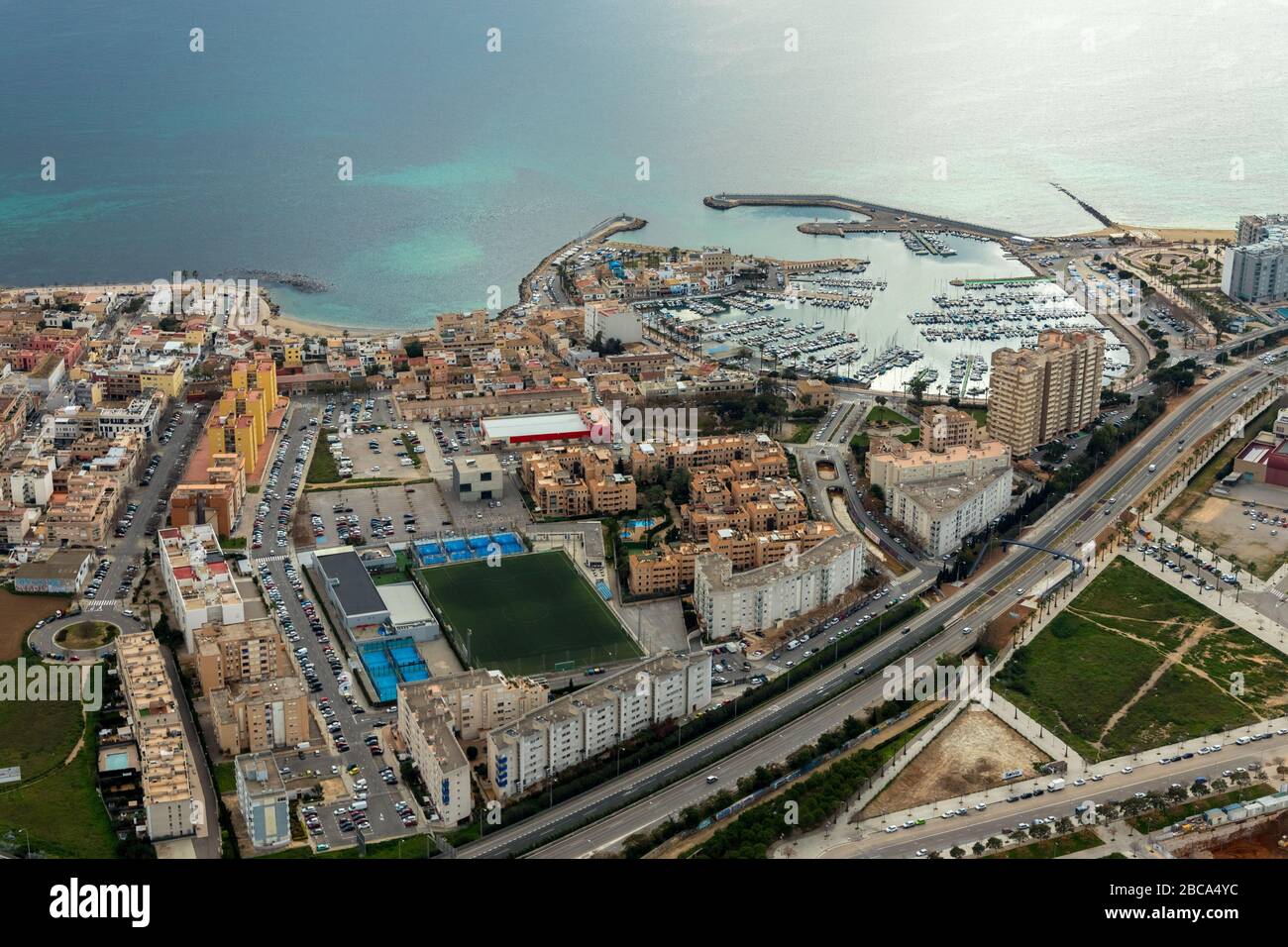Vista aerea, porto di Portixol, complessi alberghieri, Palma, Isole Baleari, Spagna, Europa, Maiorca Foto Stock