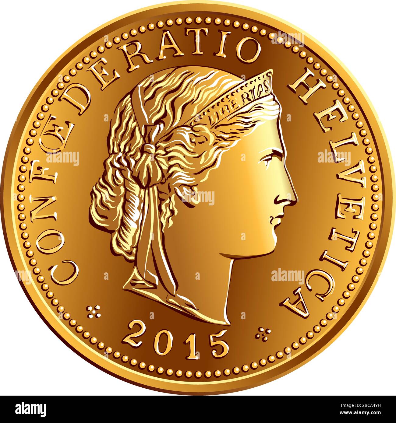 Obverse di 5 centime moneta d'oro franco svizzero con capo della libertà e la leggenda CONFOEDERATIO HELVETICA, moneta ufficiale in Svizzera e Liechtenstein Illustrazione Vettoriale