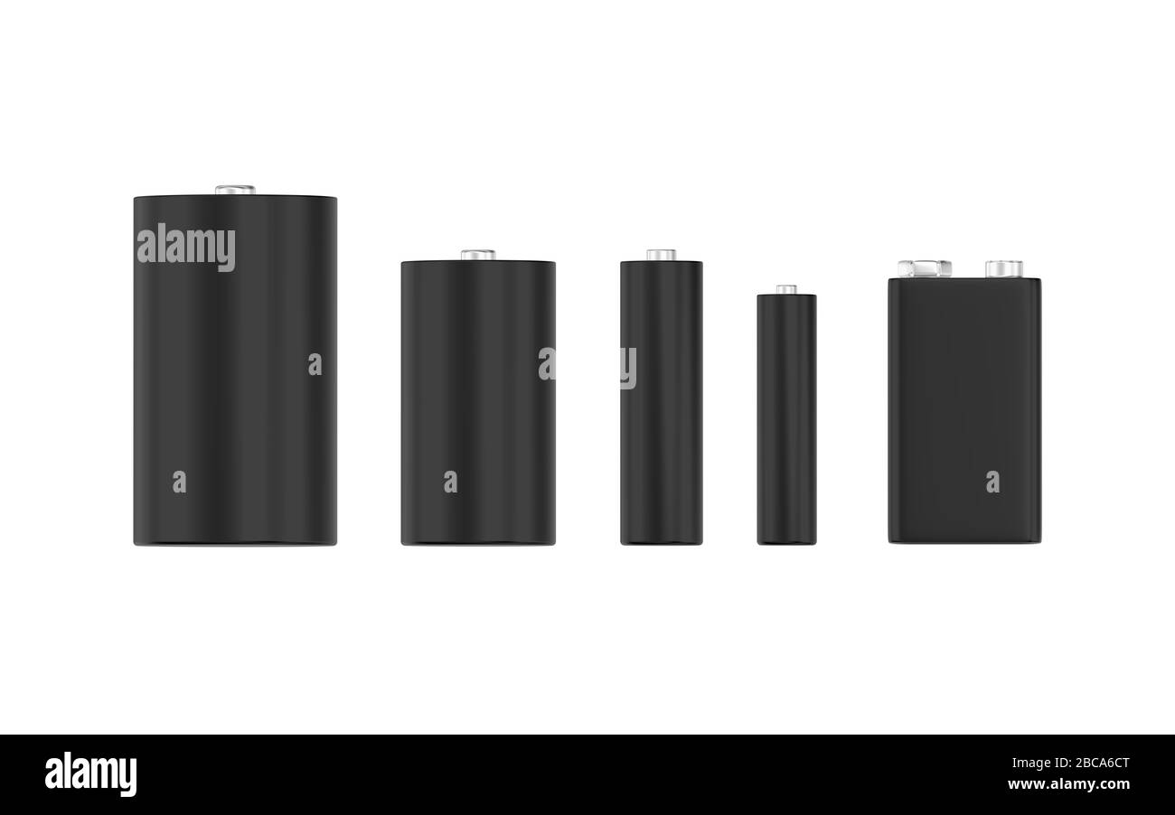 Batterie isolate su sfondo bianco. Dimensioni e forme diverse. illustrazione 3d. Foto Stock
