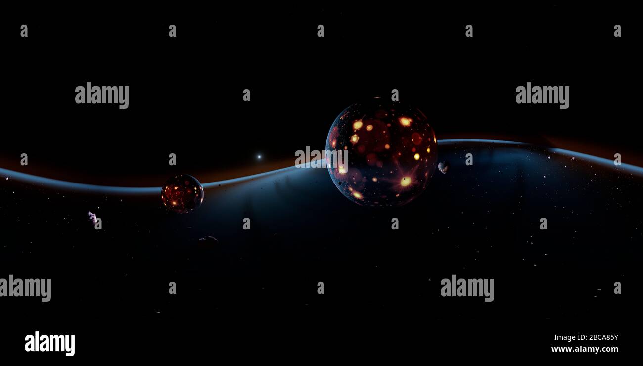 Vista del sistema Terra-Luna durante la formazione. Si tratta di un'immagine VR a 360 gradi, progettata per la visualizzazione in un visore VR o proiettata su una cupola. Foto Stock
