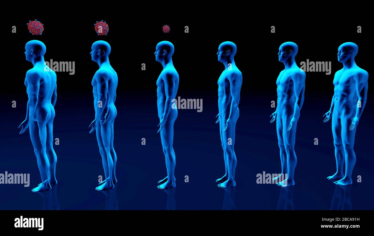 Illustrazione del concetto di distanza sociale come un modo per prevenire la diffusione del covid-19, la nuova malattia del coronavirus. Dopo che la prima persona nella linea contrae la malattia dal virus (rosso e blu), ogni persona accanto a loro la contraccerà a turno. Se una persona esce dalla linea, o pratica le distanze sociali, il ciclo di infezione è rotto. Il distanziamento sociale implica mantenere una distanza fisica quando in pubblico, evitando le riunioni, così come ridurre o smettere di lasciare la casa del tutto. Foto Stock