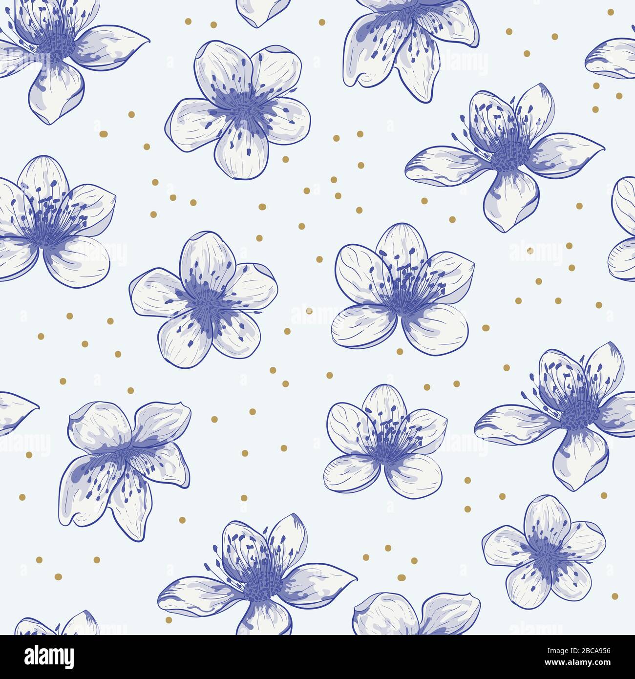 Fiori di ciliegio con contorno blu su sfondo luminoso. Motivo vettoriale senza cuciture con disposizione floreale. Fiore di primavera. Tessuto, sfondi. Illustrazione Vettoriale