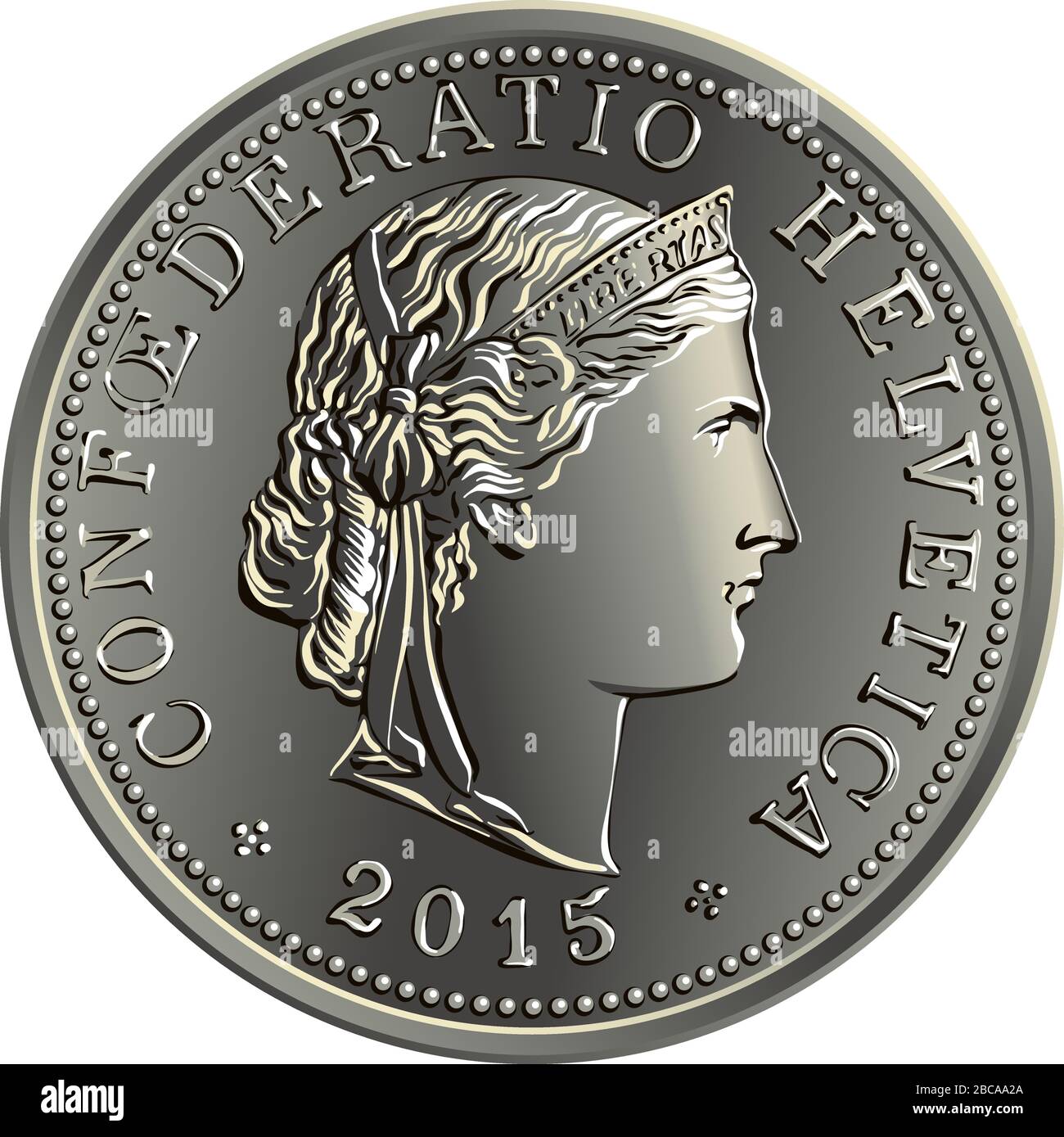 Obverse di 20 e 10 centime monete d'argento franco svizzero con testa Liberty e leggenda CONFOEDERATIO HELVETICA, moneta ufficiale in Svizzera Illustrazione Vettoriale