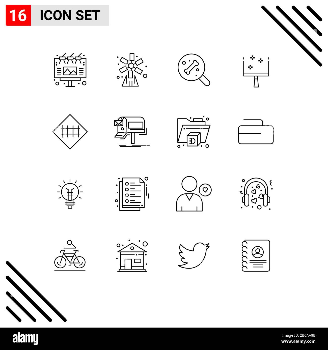 Set di 16 icone moderne dell'interfaccia utente simboli segni per recinzione stradale, recinzione, mulino a vento, sweep, scopa elementi di disegno vettoriale modificabili Illustrazione Vettoriale