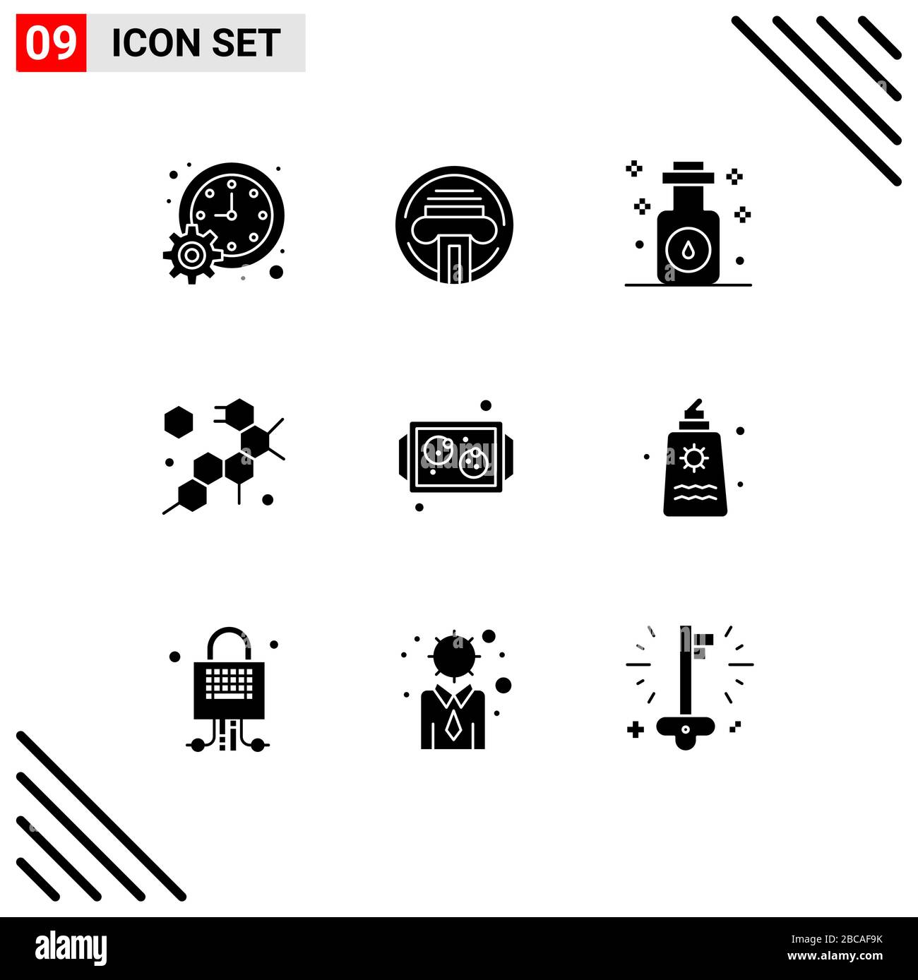 Confezione da 9 simboli e segni di glifi solidi moderni per i media di stampa Web come cookie, scienza, scrittore, molecola, elementi di progettazione vettoriale modificabili spa Illustrazione Vettoriale