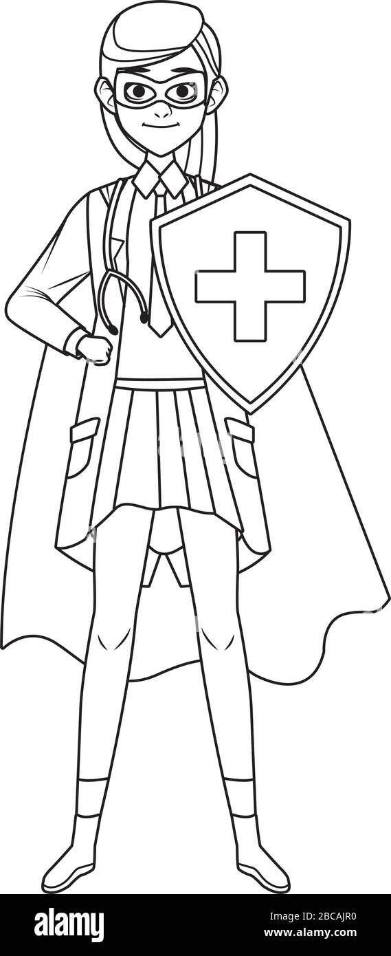 super medico femminile con scudo e mantello vs covid19 Illustrazione Vettoriale