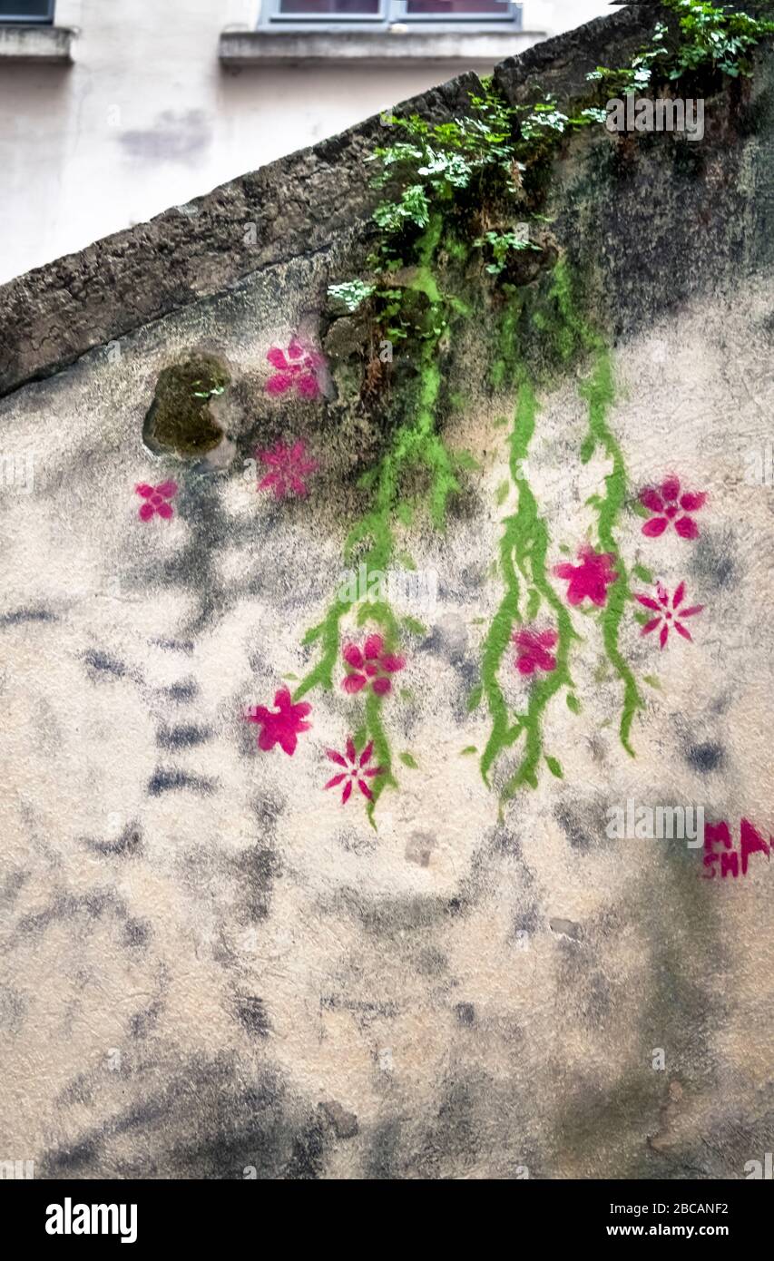 Graffiti nel quartiere Croix-Rousse nel cortile del palazzo Cour des Voraces a Lione in autunno. Patrimonio dell'umanità dell'UNESCO dal 1998. Modulo Foto Stock