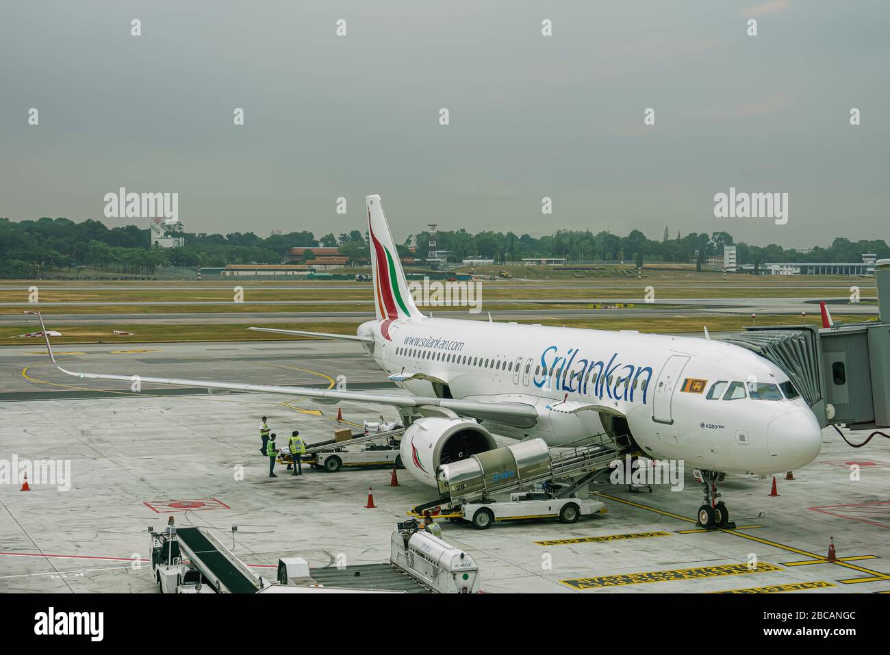 Singapore / Singapore - Agosto 2019: Vista di un SRILANKAN Airbus 320 NEO in preparazione all'aeroporto di Changi Foto Stock